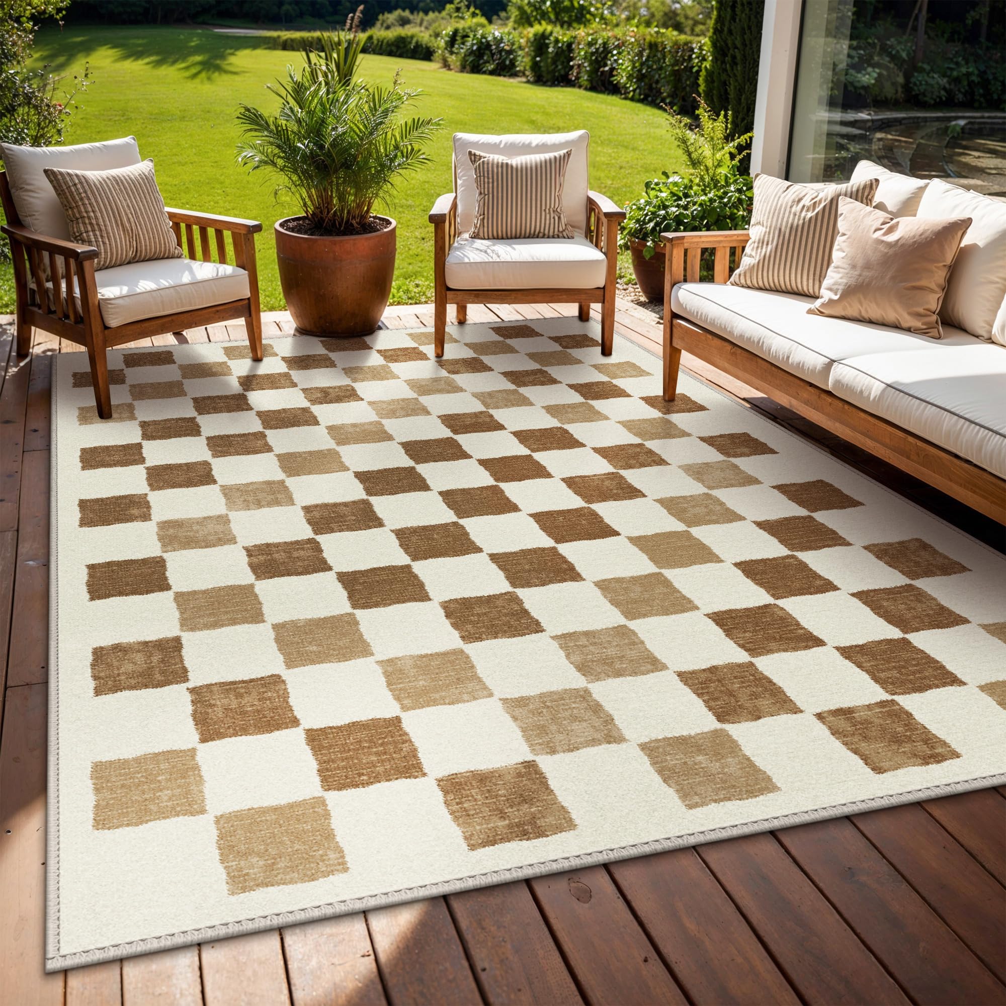 GENIMO Indoor Outdoor Area Rug 8'x10', Waterproof Geometric Outside Carpet, Non Shedding, Easy Cleaning, Camping Mat for Living Room, Patio, Balcony, Bedroom, Deck, Dining Room, RV, Brown & Beige