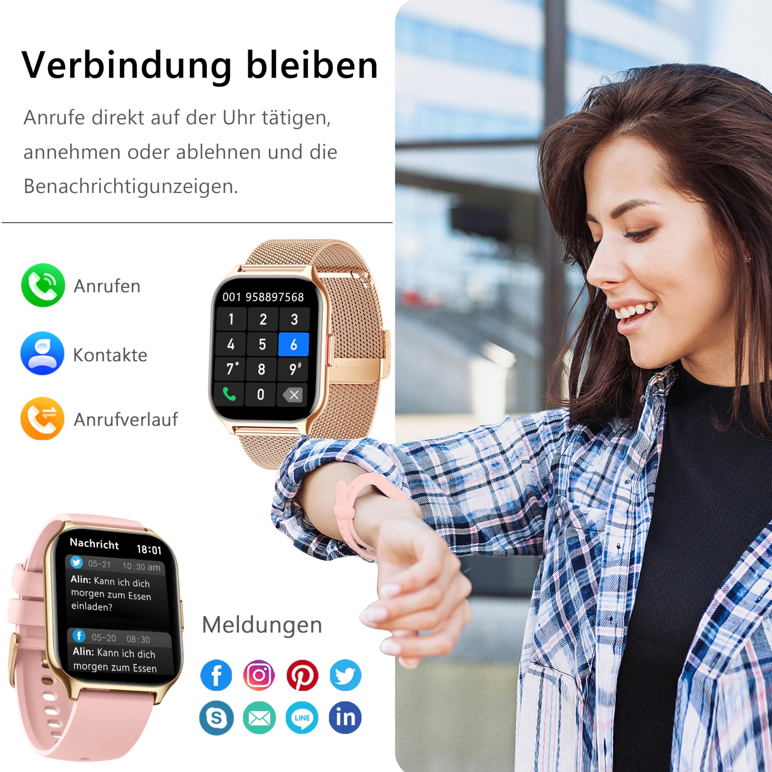 Smartwatch Damen Herren Fitnesstracker 2 Zoll Touch-Farbdisplay Telefonfunktion Blutdruckmessung Herzfrequenz Schlafmonitor SpO2 Sportuhr Schrittzähler Android iOS