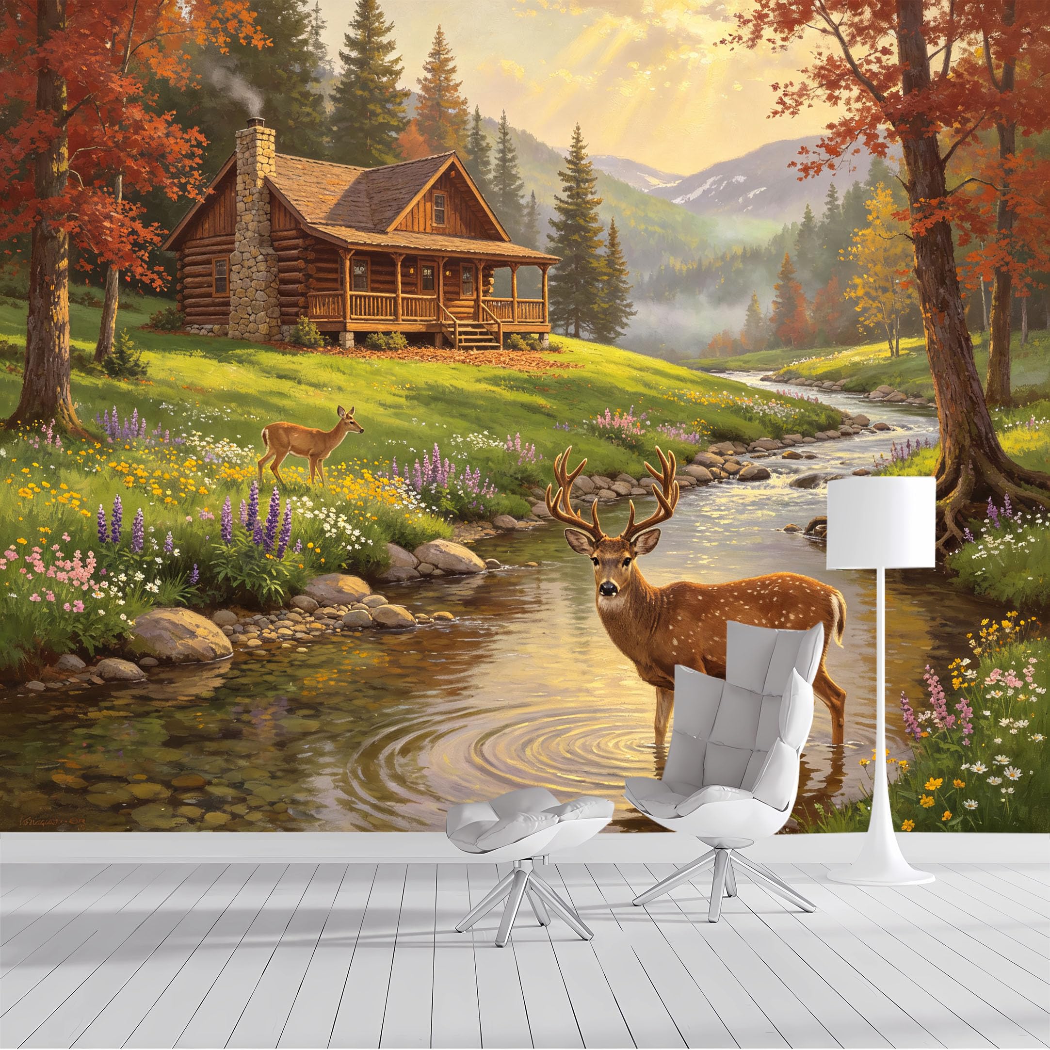 Custom Size Wall Mural Rustic Cabin Deer Creek Landscape SelfAdhesive Wall Fabric Removable Peel and Stick Wallpaper Wall Decor for Living Room Bedroom Bathroom
