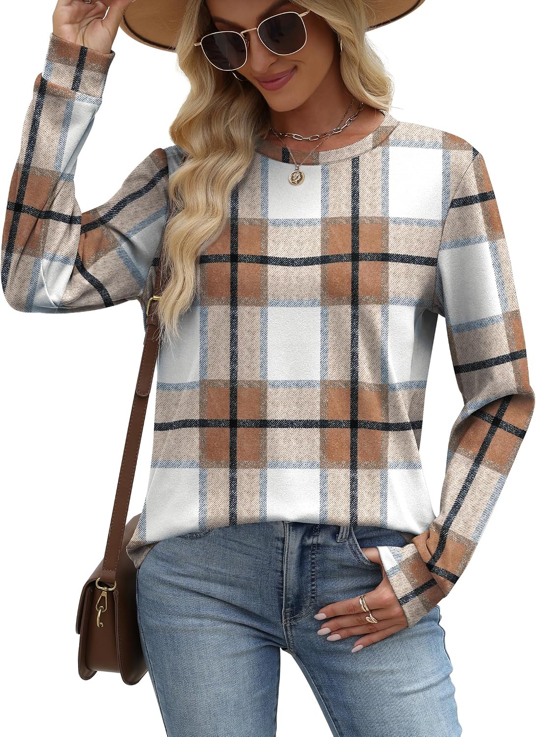 WIHOLL Sweatshirts for Women Crew Neck Long Sleeve Lightweight Sweatshirts Curved Hem Autumn Outfits 2025 XXL Caramel Checked
