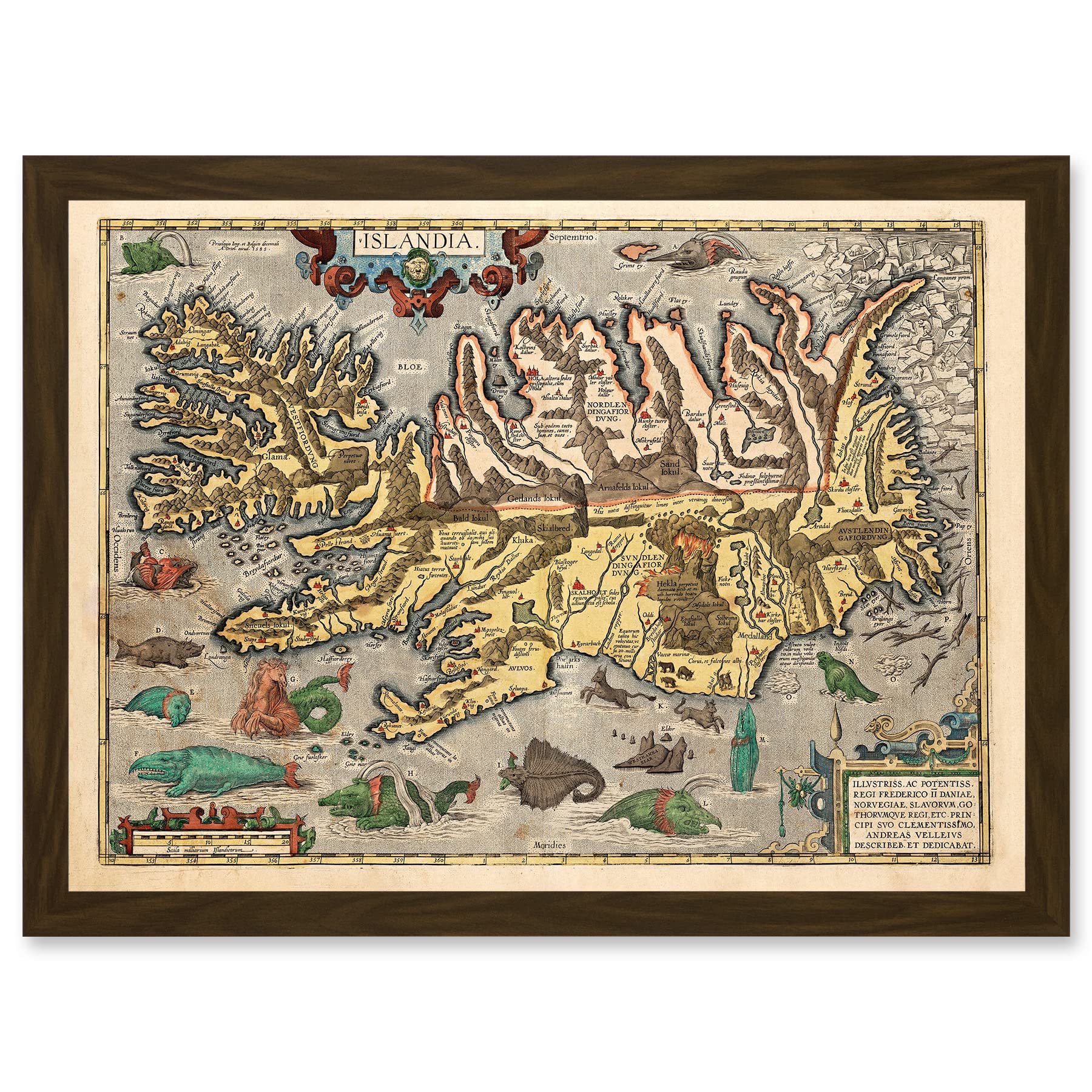 Artery8 Map Ortelius 1585 Iceland Islandia Sea Monsters Pictorial Fantasy Artwork Framed Wall Art Print A4