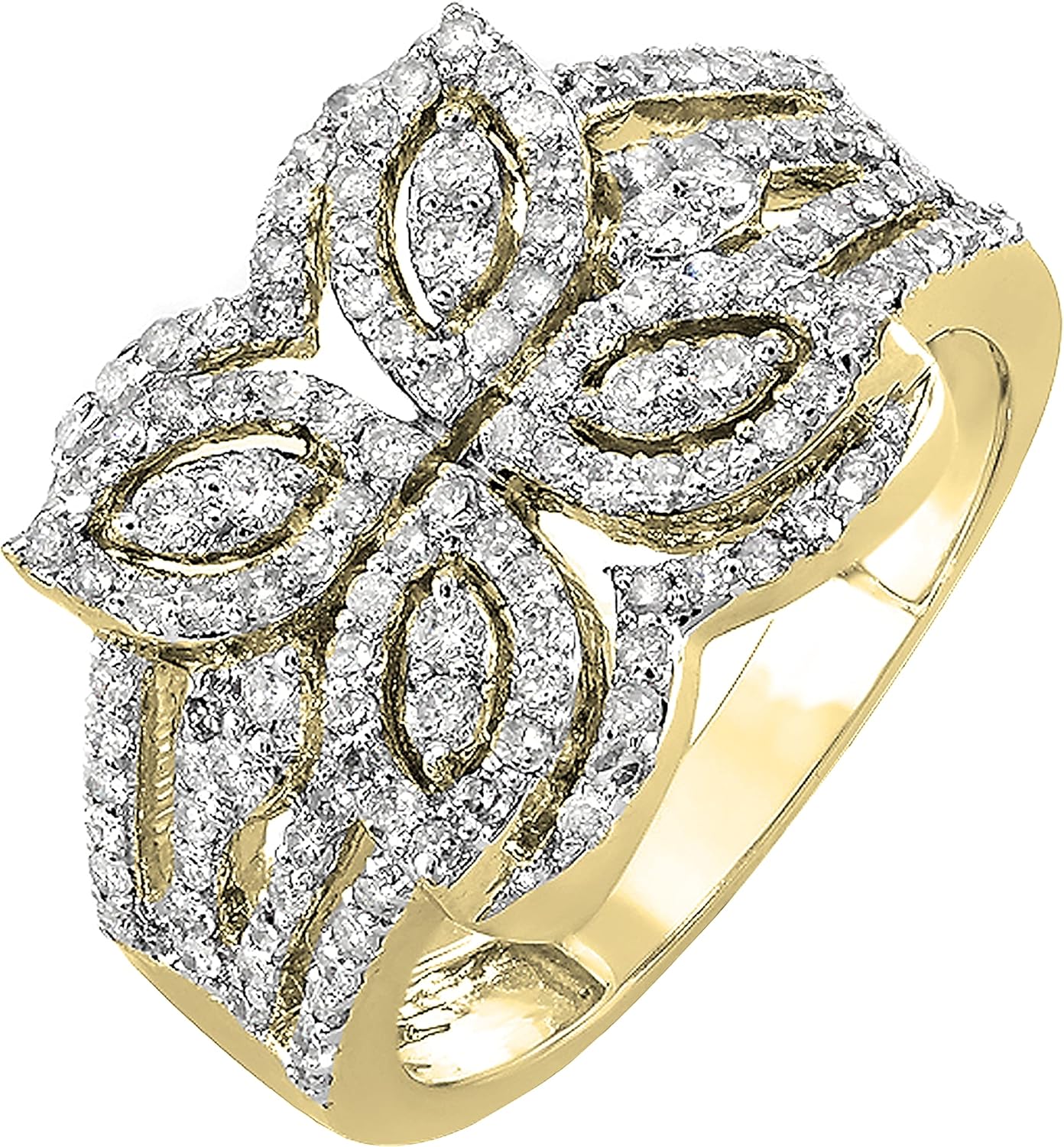 Dazzlingrock Collection Round Natural Diamond Marquise Butterfly Cluster Split Shank Cocktail Ring for Women (1.00 Ctw) in Real Solid Gold