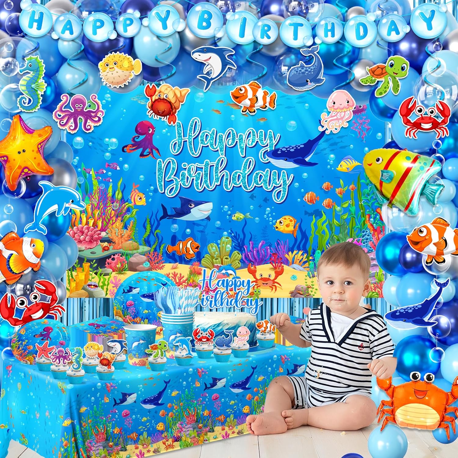 Under The Sea Party Decorations,282pcs Ocean Themed Party Decorations With Under The Sea Plates and Napkins Cups Tablecloth Ocean Backdrop Balloon Arch Cake Toppers For Sea Party Decorations