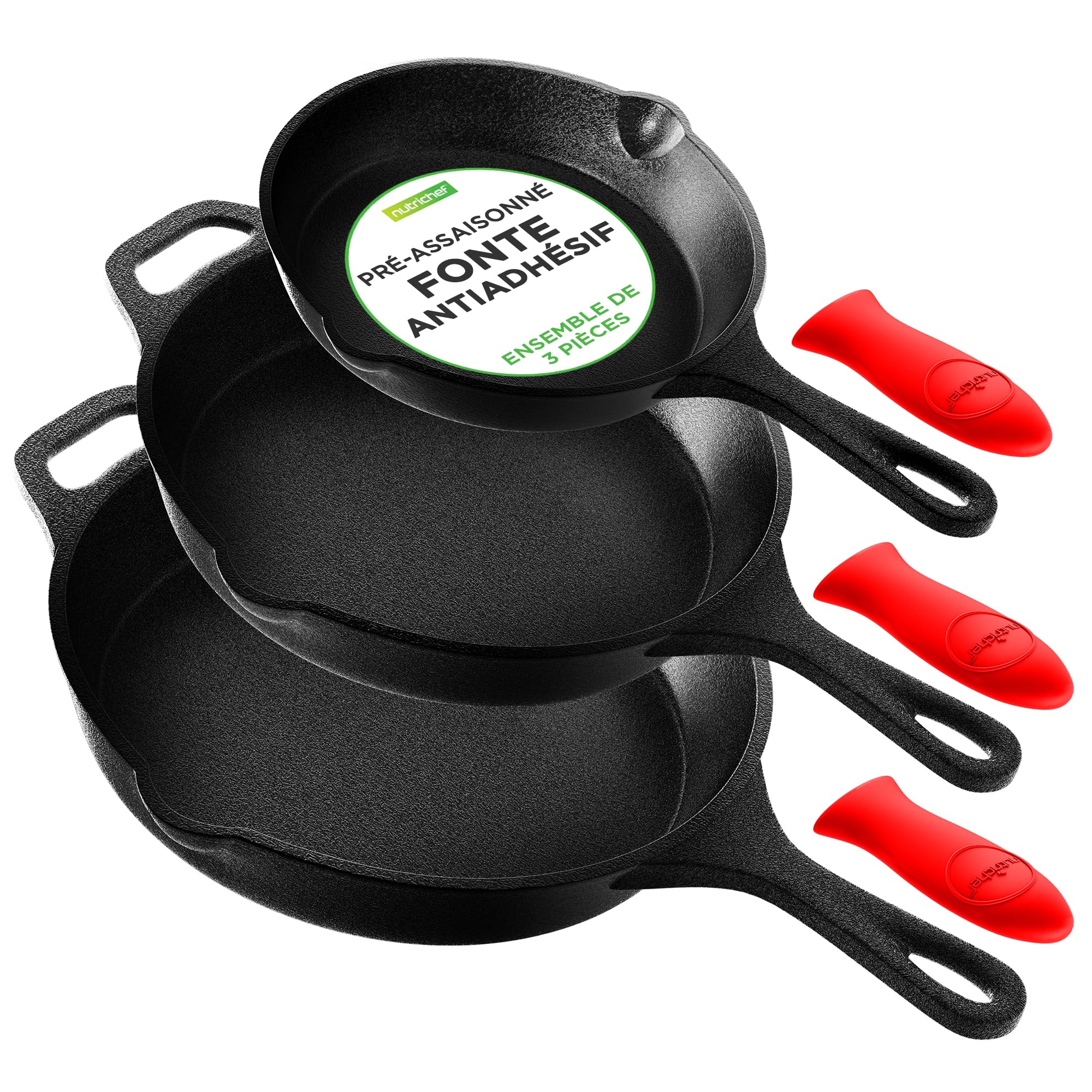NutriChef Poêles en Fonte Induction 3 Pièces – Set de Poêles à Frire Pré-Assaisonnées avec Culottage, Tous Feux, Becs Verseurs, Poignées Silicone, Four 260 °C, 20, 25 et 30 cm, Noir