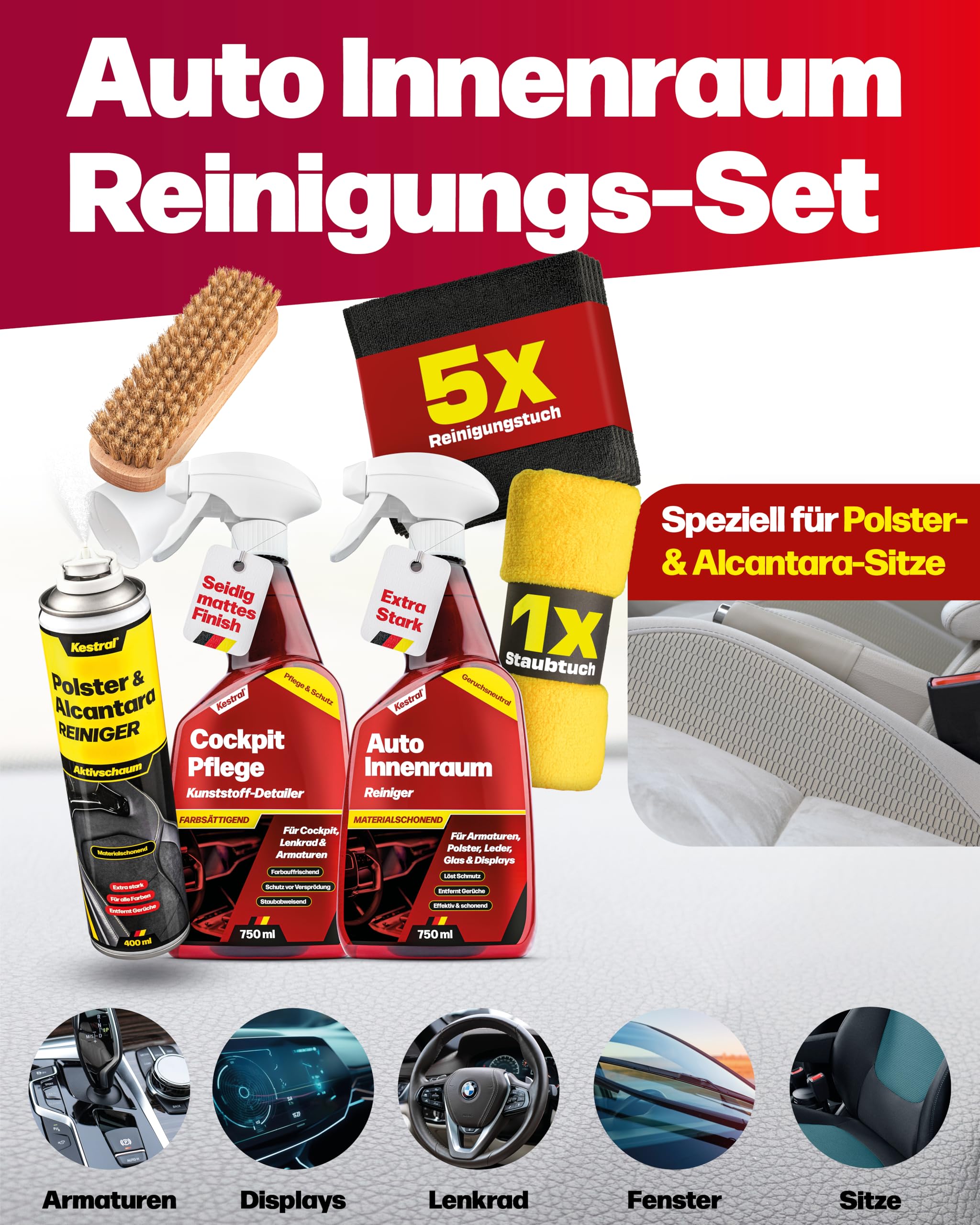 KESTRAL® Auto Innenraumpflege Set für Polster- & Alcantara mit 5X Mikrofasertüchern 1x Staubtuch & Bürste - entfernt effektiv Schmutz - farbsättigende Pflege im MATT-Effekt - Made in Germany