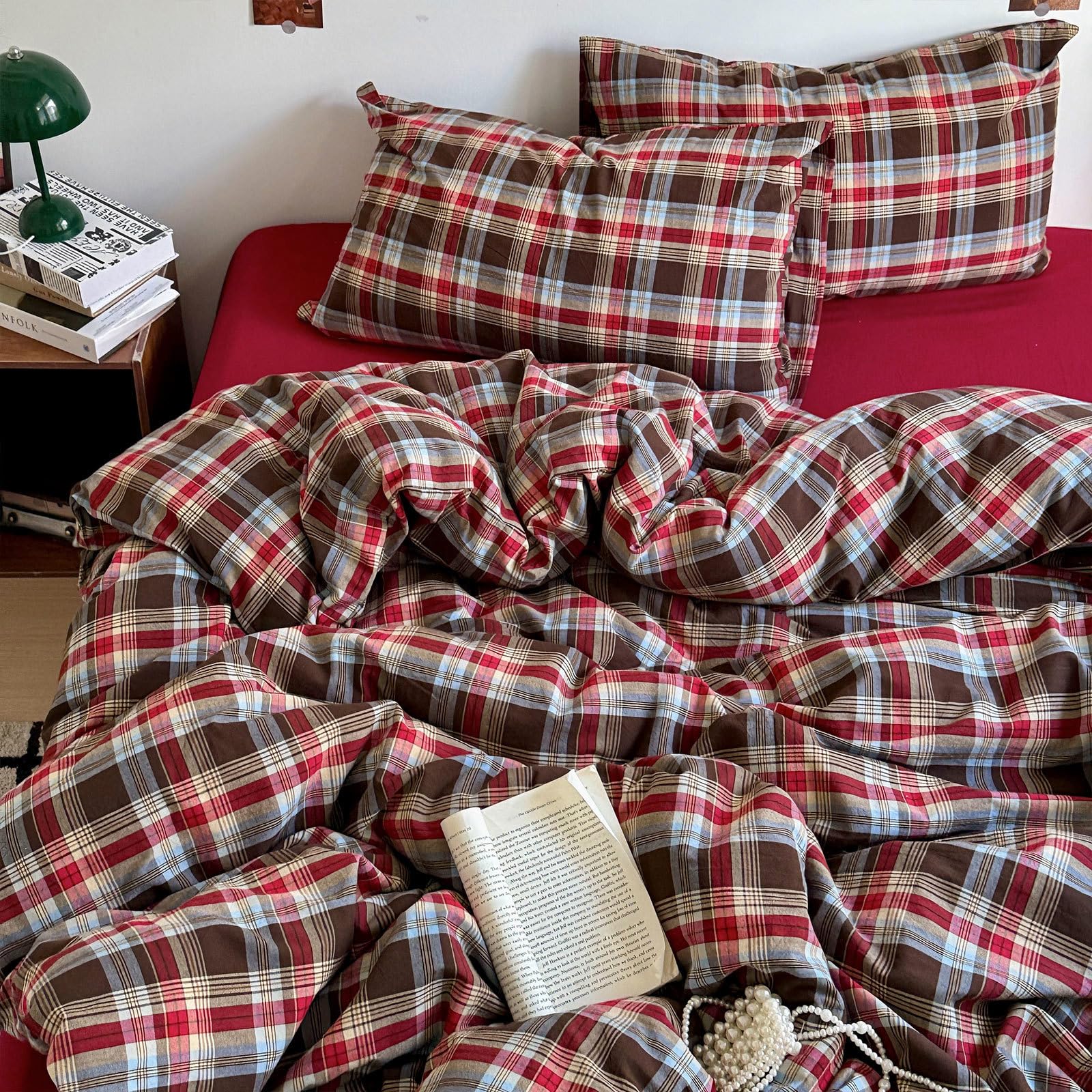 LifeTB Red Brown Buffalo Plaid Duvet Cover King 3 Piece Washed Cotton Grid Bedding Set Vintage Plaid Checkered Comforter Cover Luxury Gingham Bedding Set Breathable Duvet Cover with Zipper Ties — image 1