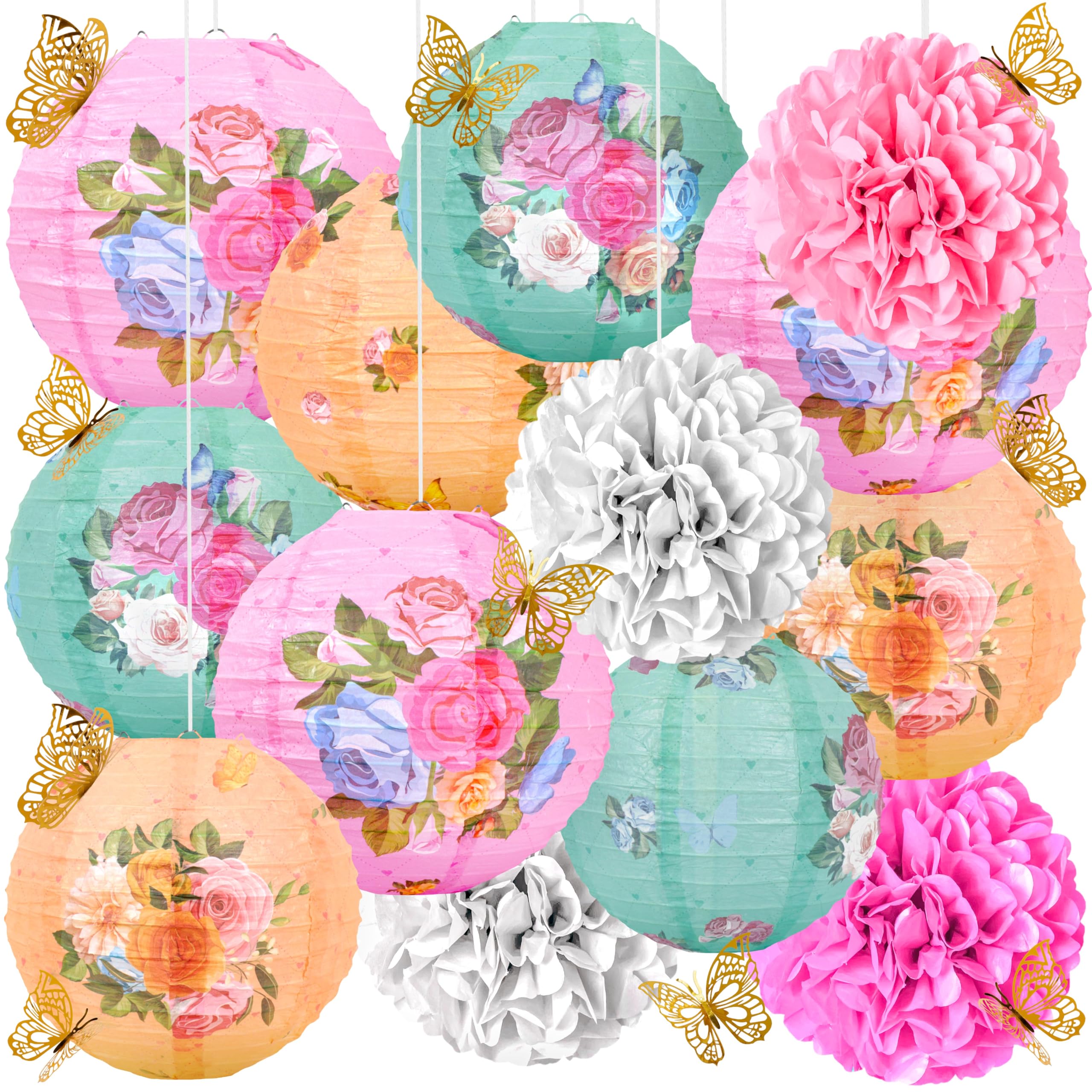 33 piezas de decoración de fiesta de té, faroles de papel, pompones, decoración colgante para jardín y hogar