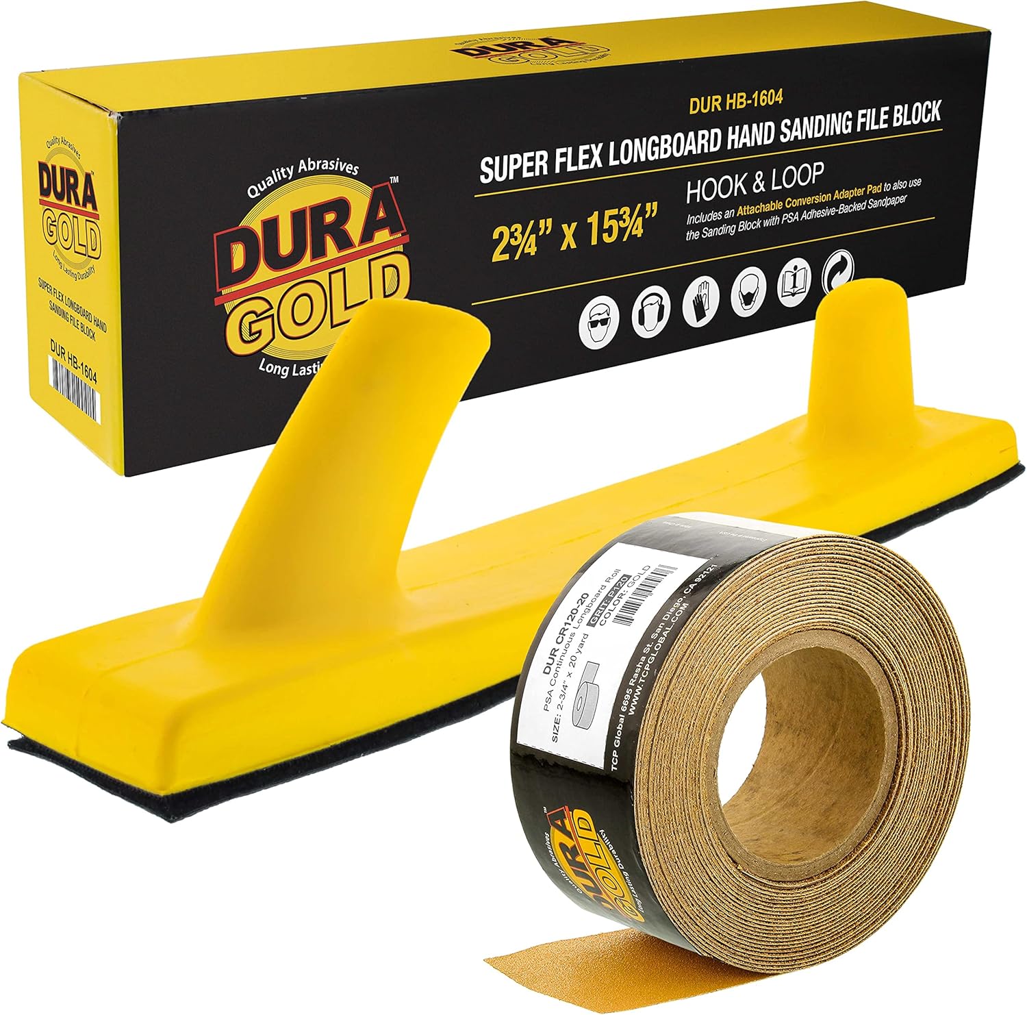 Dura-Gold Pro Series Super Flex Longboard Hand Sanding File Block with Hook & Loop Backing and PSA Backing Adapter Pad & 120 Grit PSA Longboard Sandpaper 20 Yard Continuous Roll, 2-3/4" Wide