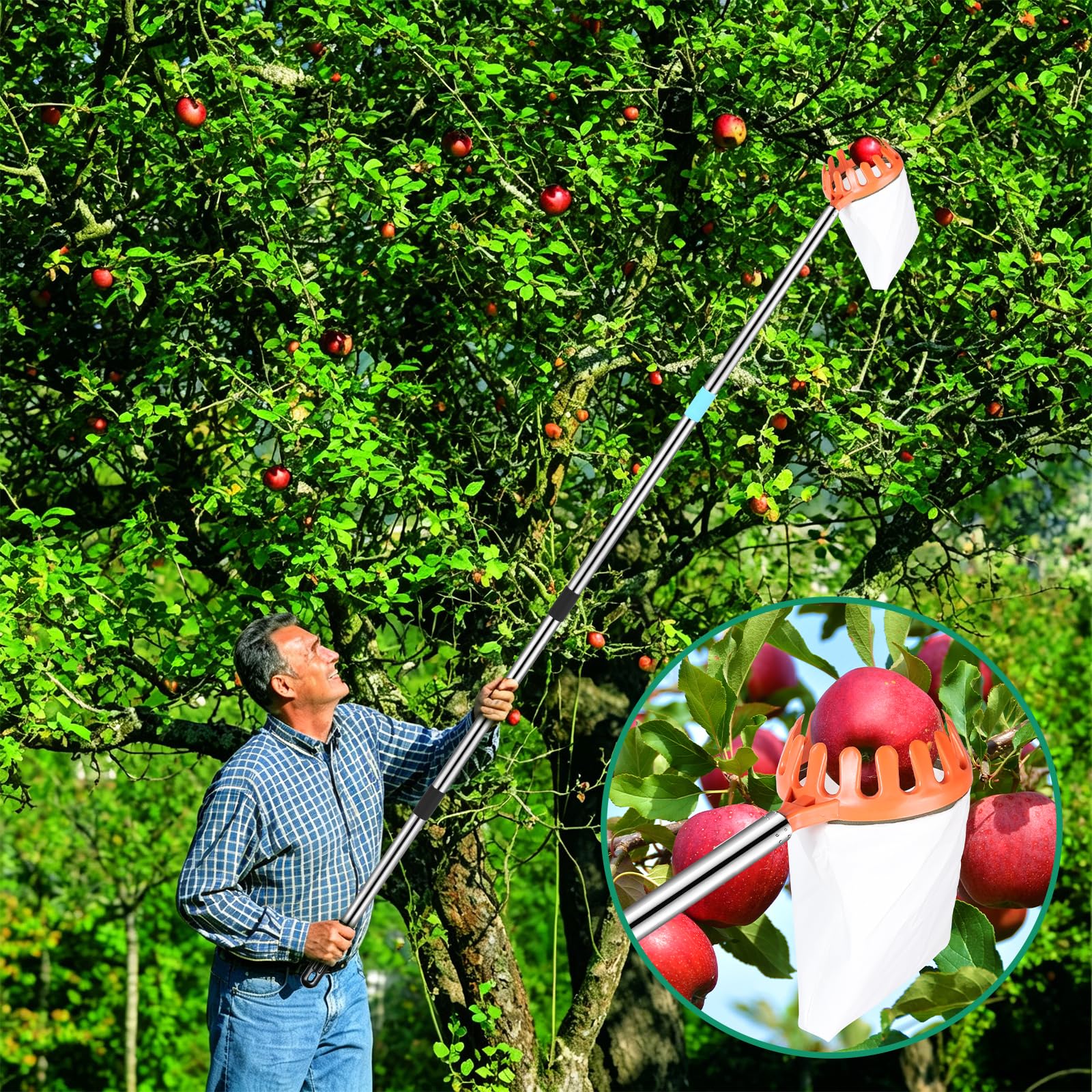 DBREAKS Raccogli Frutta, 4,2M Raccogli Mele con Manico Telescopico, Palo Leggero Raccogli Frutta, Cestino con Sacchetto di Cotone, Prugne, Raccoglitore di Ciliegie