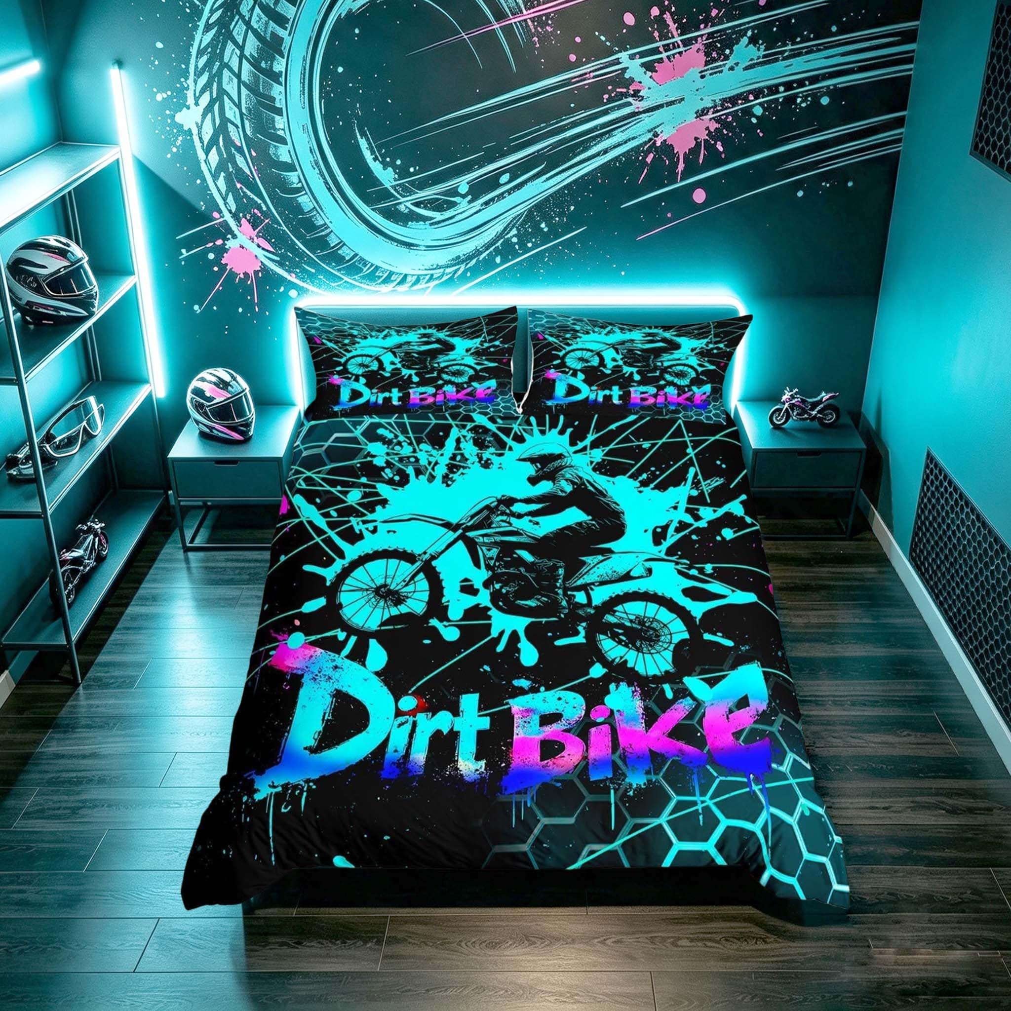 Loussiesd Dirt Bike Kids Bedding Set,Boys Girls Double Size,Extreme Sports Duvet Cover,Racing Motocross Rider Duvet Cover with 2 Pillowcases,Motorbike Motorcycle Bedroom Decor Honeycomb Bedding