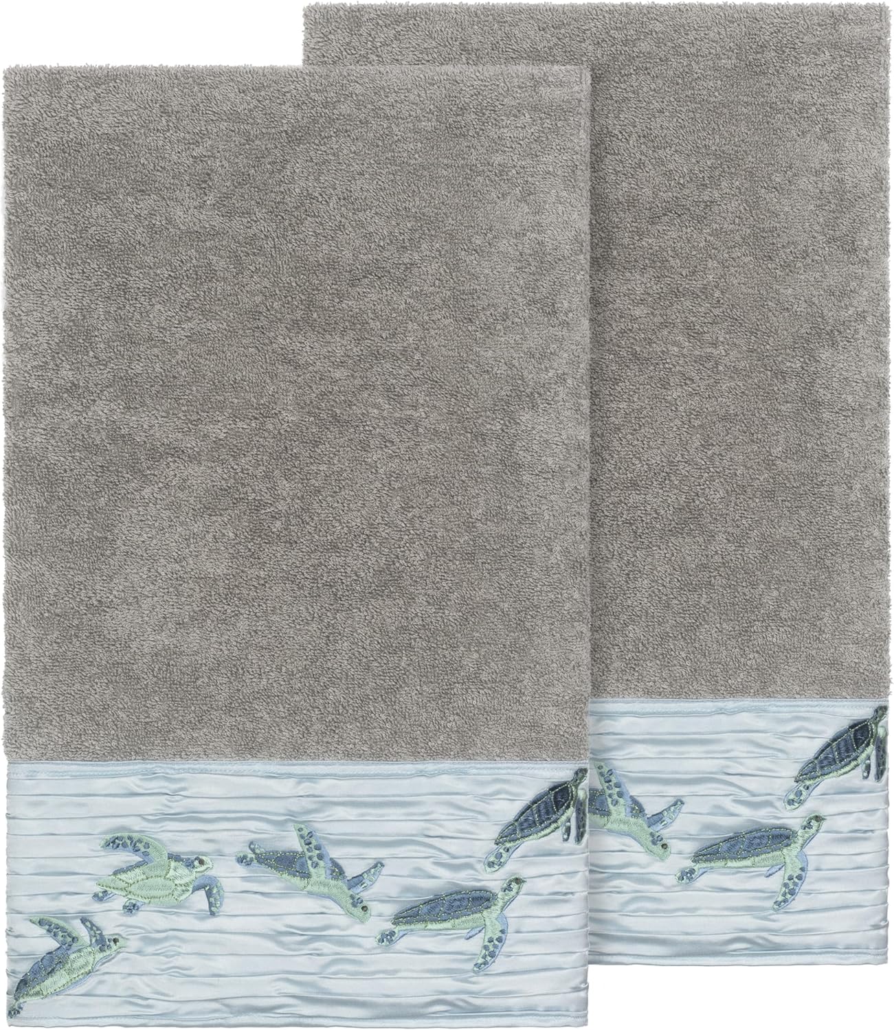 Oceana Luxury Bath Towel, Sea Turtle Pleated Border, Premium Turkish Cotton, Ultra Absorbent, Coastal Charm, 1 Bath Towel, Dark Grey