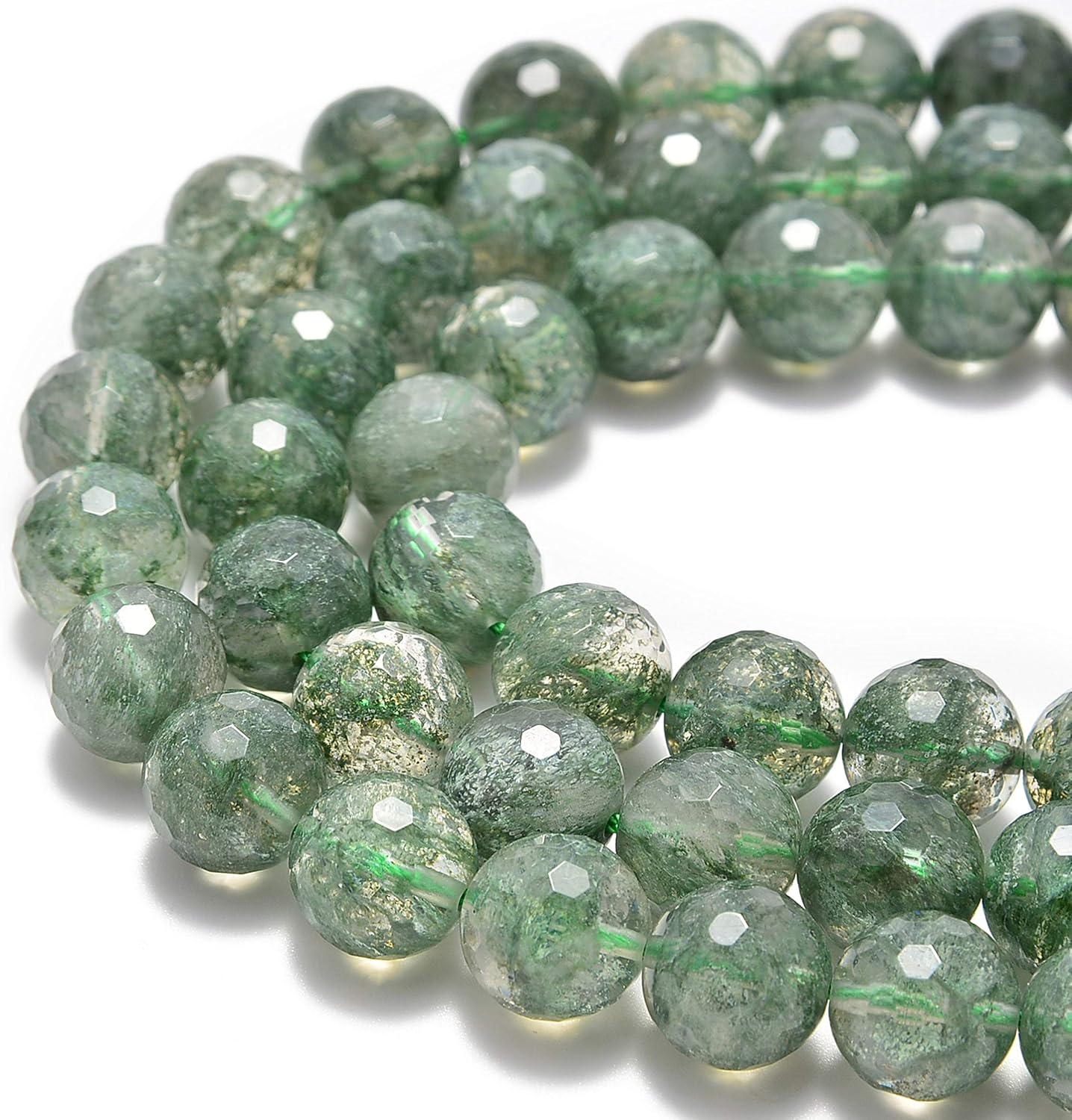JM Design 12mm Dark Green Rutilated Quartz Faceted Round Shape Loose Gemstone Beads, 15.5" Strand for Jewelry Making, Arts and Craft