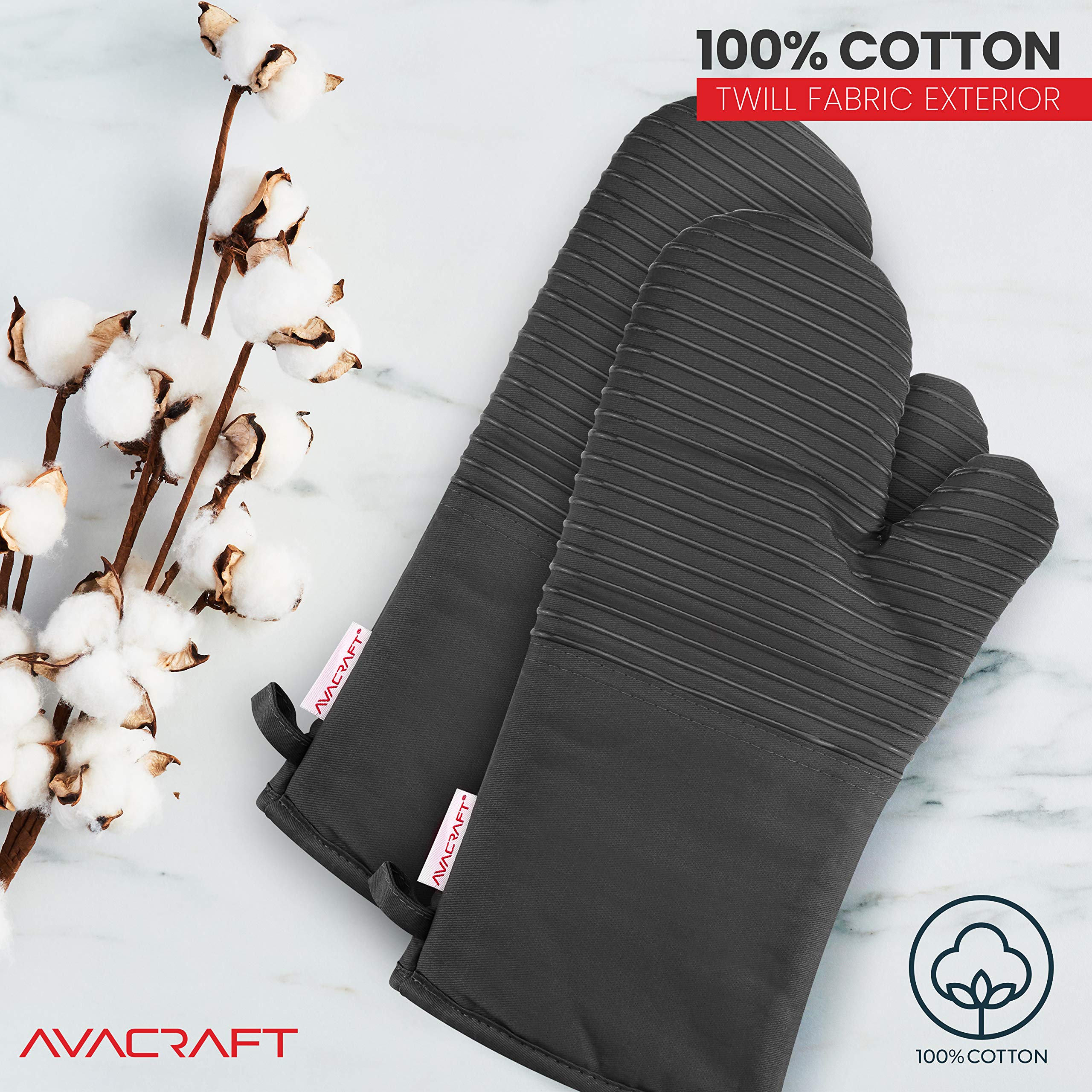 AVACRAFT Ofenhandschuhe, flexibel, 100 % Baumwolle mit einzigartigem, hitzebeständigem Silikon in Lebensmittelqualität, dicke Frottee-Innenseite, 250 °C hitzebeständig (graue Ofenhandschuhe)