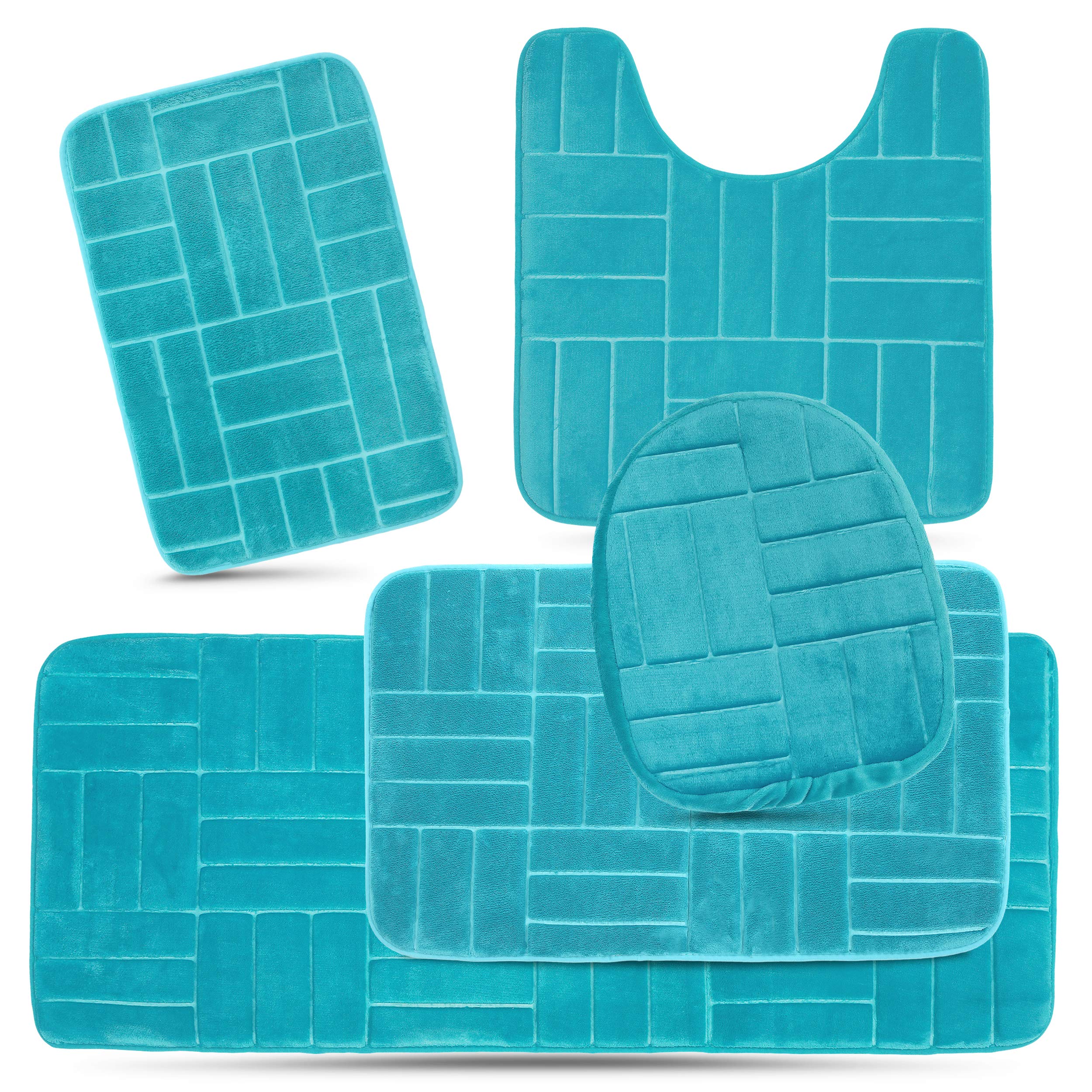 Effiliv Bathroom Rugs Set 5 Piece Memory Foam Mats, Extra Soft Anti-Slip Shower Large Bath Rug – Happy Feet, Happy Life, Aqua Teal Line Design