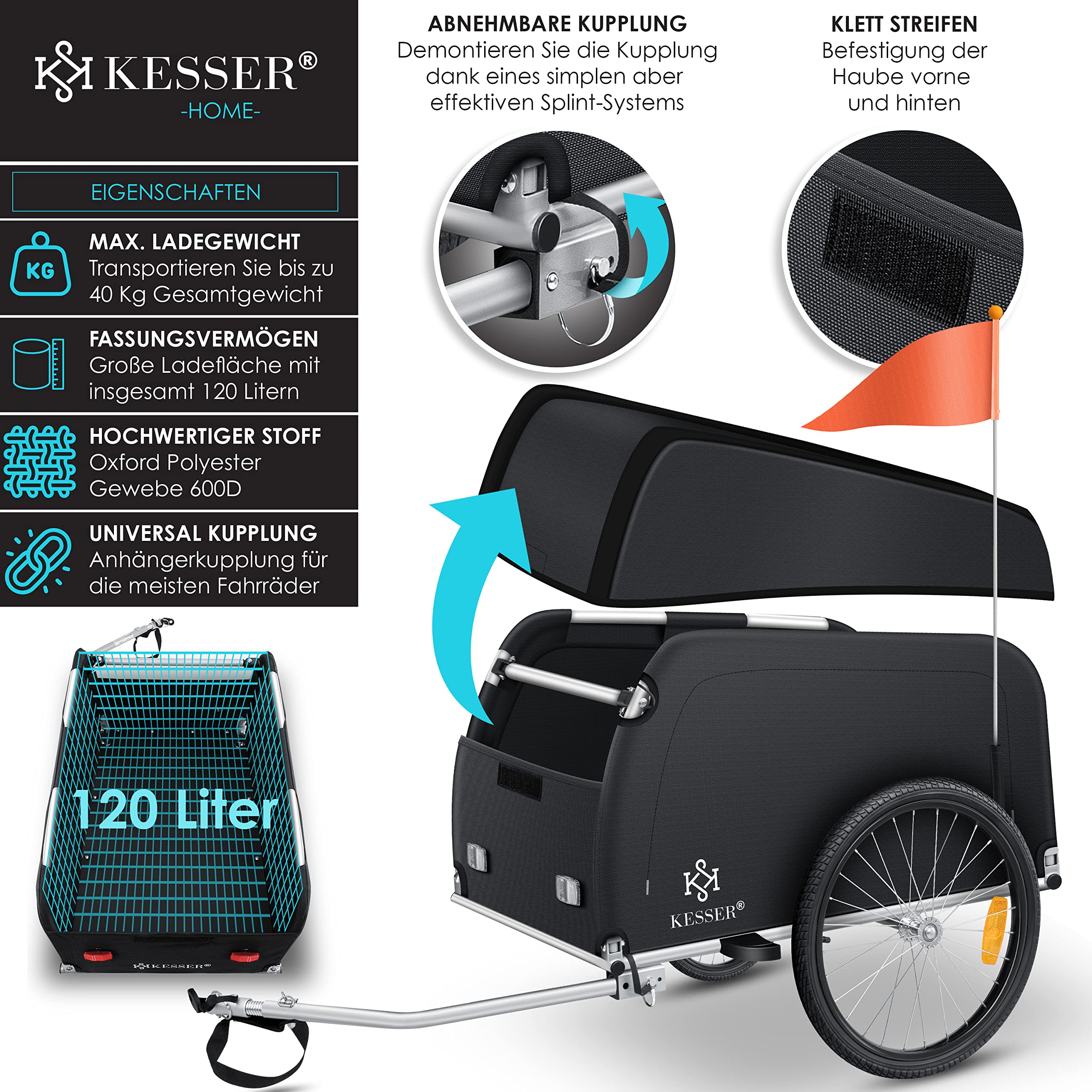 KESSER® Fahrradanhänger Lastenanhänger Transportanhänger Hochdeichsel mit Kupplung, Inkl. Abdeckung Klappfunktion Hochdeichsel Anhänge für Fahrrad Transportbox mit 120 Liter
