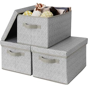 GRANNY SAYS Large Fabric Storage Baskets with Lids Collapsible Storage Box Closet Shelf Decorative Baskets for Organizing Bedroom Dorm Grey Pack of 3