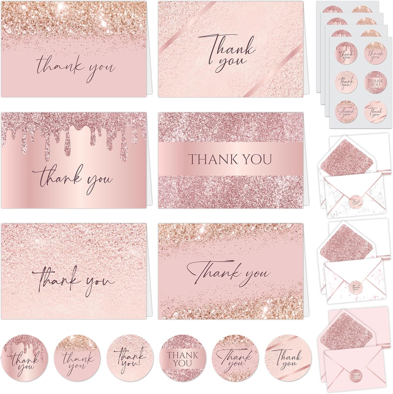 Decorably 24 Pack Glittery 6x4in Rose Gold Thank You Cards with Envelopes and Stickers, 6 Elegant Designs for Friends, Loved Ones, Blank Inside - All Occasions, Wedding, Baby Shower, Gifting, Mailing