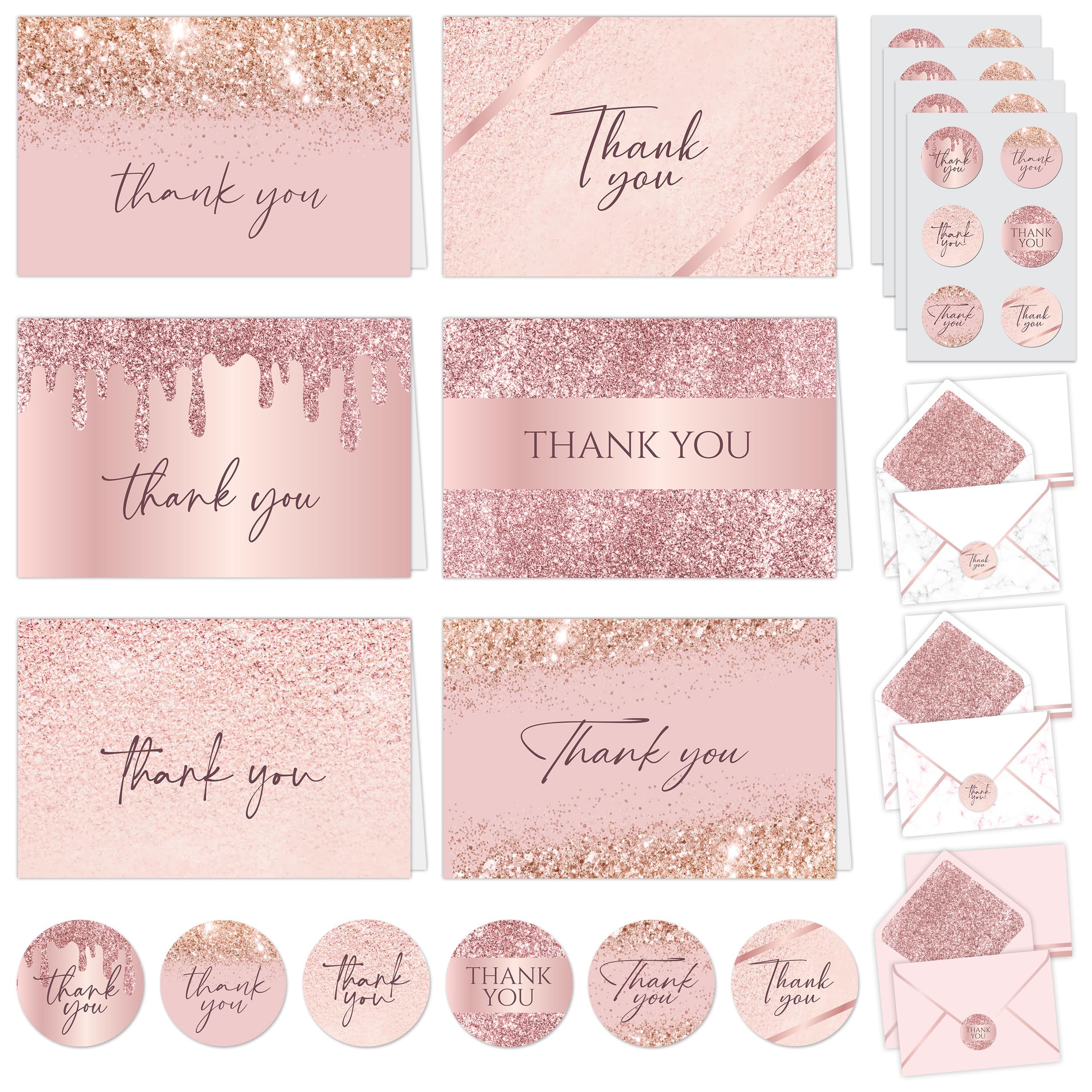 Decorably 24 Pack Glittery 6x4in Rose Gold Thank You Cards with Envelopes and Stickers, 6 Elegant Designs Pink and Gold Thank You Cards, Blank Inside - All Occasions, Bridal Shower, Wedding, Birthday