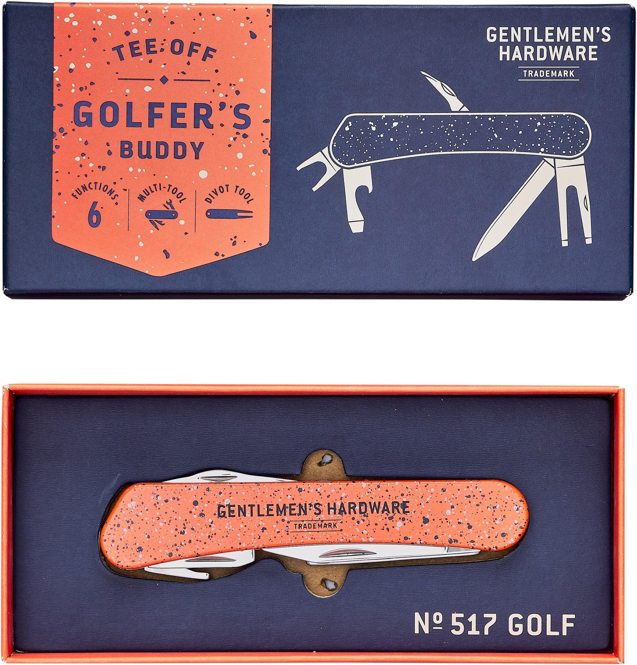 Gentlemen's Hardware Golf Multi Tool, GEN517, Includes Bottle Opener, Corkscrew, Screwdriver and More. Colour: Orange and Navy - Speckled Paint Design.
