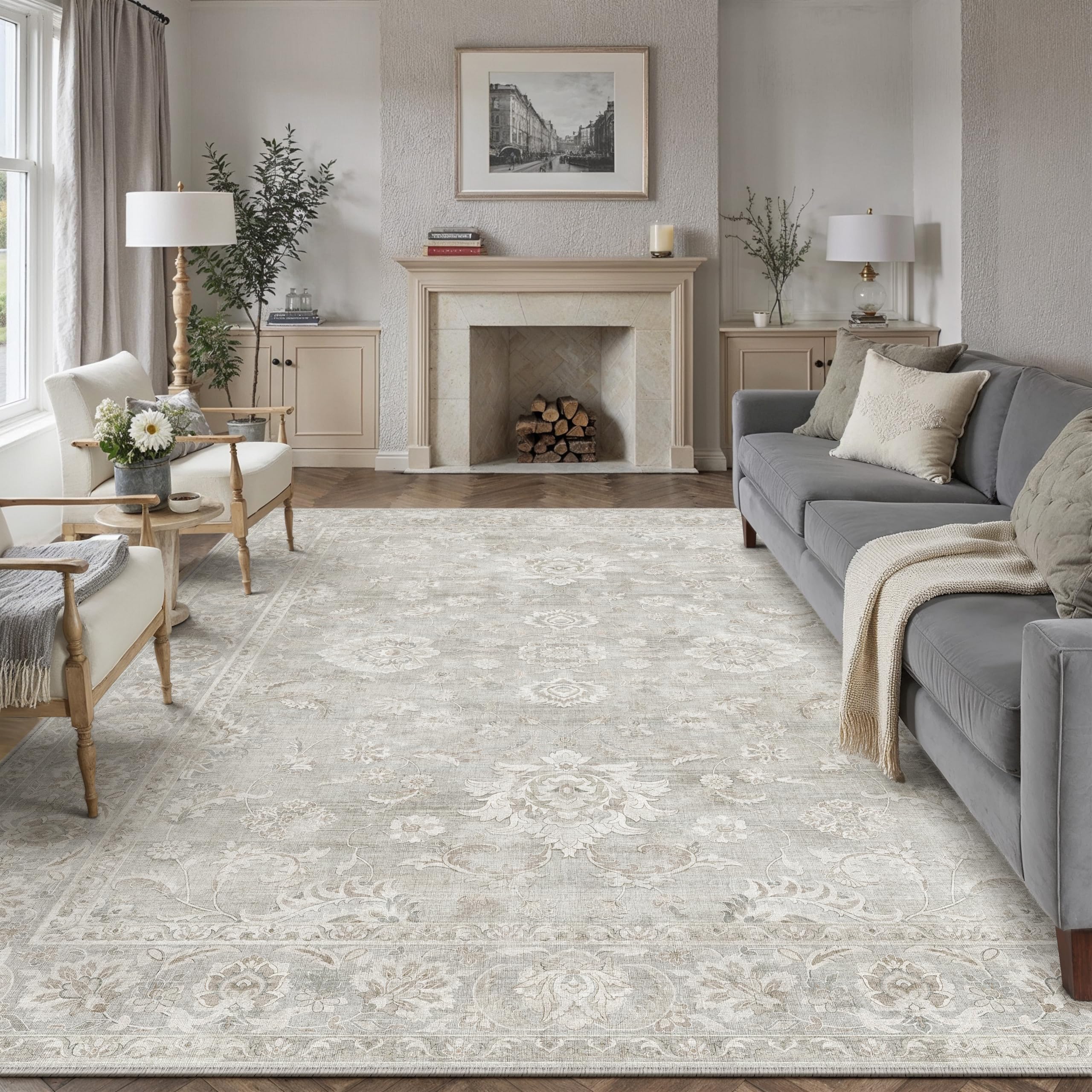PureCozy Large Living Room Area Rug 200x300cm Vintage Washable Carpet,Grey
