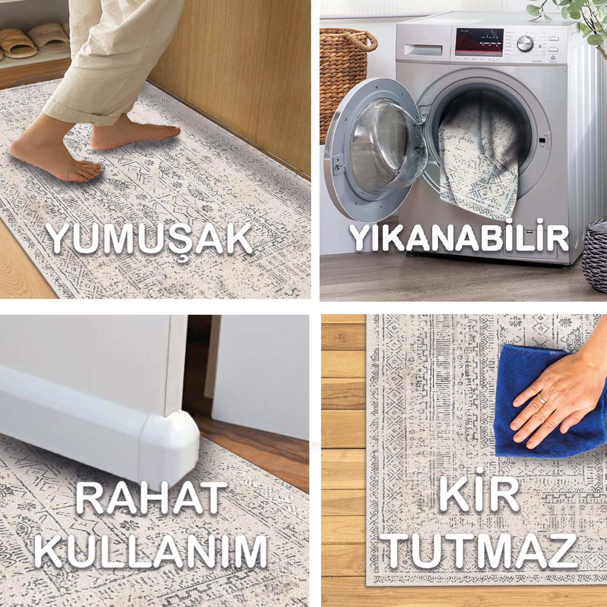Latte Dizayn Duncan Vintage Desenli Şönil Pamuk Tabanlı Yıkanabilir Kaymaz Antibakteriyel Salon Halısı 200x250