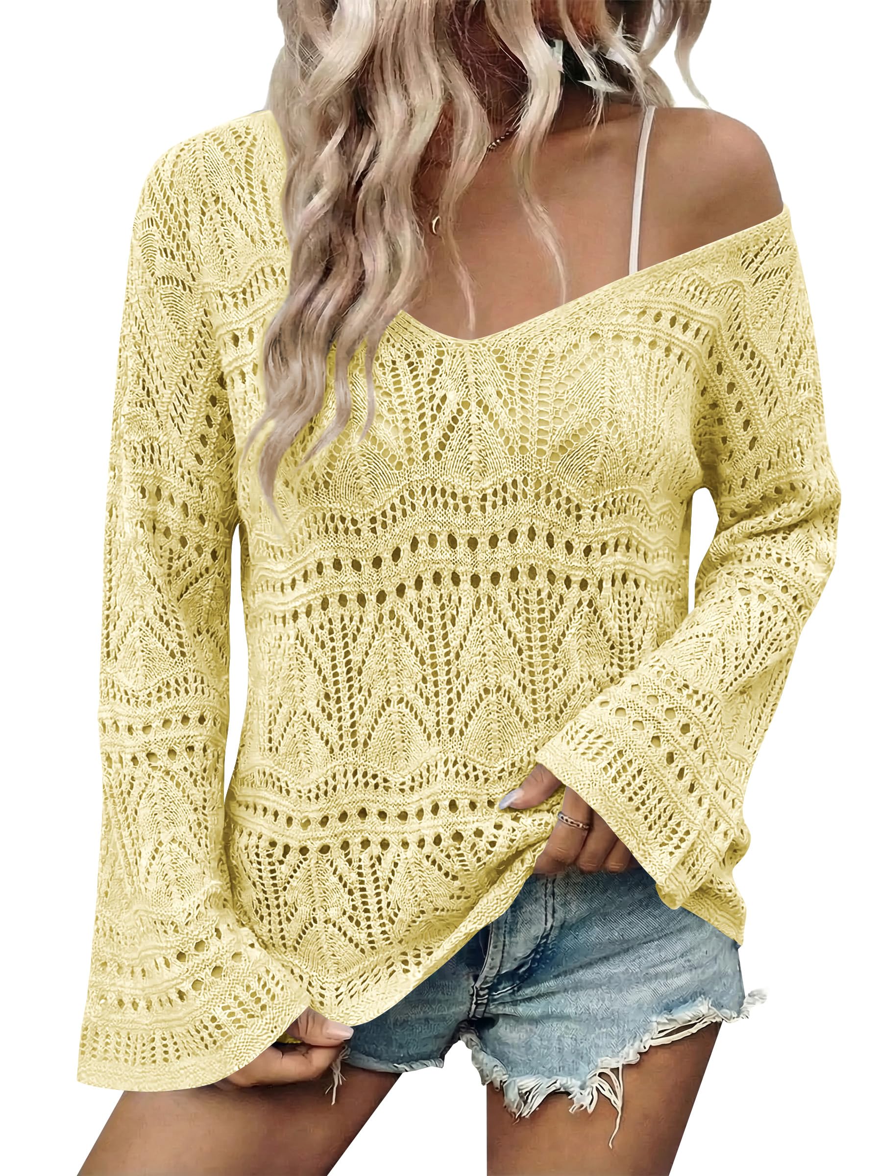 Cakulo Womens Spring Summer Off Shoulder Crochet Boho Tops Lightweight V Neck Sweaters 2026 Vacation Cruise Yellow M