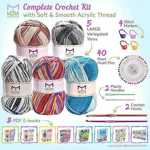 Miniatura 2 de Mira Handcrafts Hilo de ganchillo multicolor para tejer y hacer ganchillo, 5 madejas gigantes de hilo abigarrado (3.53 onzas cada una)  Total de