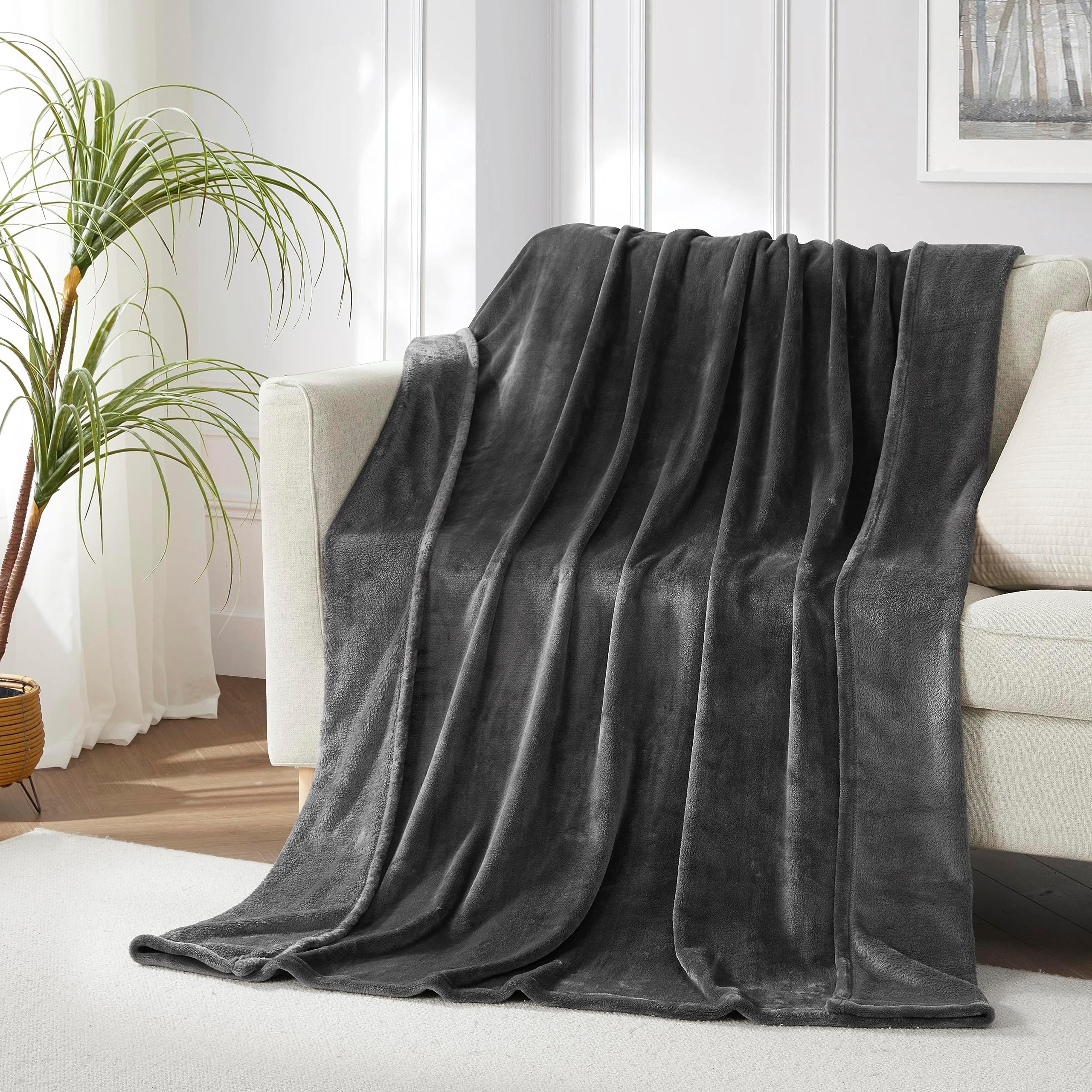 COOVAFamily Flannel Fleece Throw Blanket, 90"x102", 300GSM and Anti-Static -Blanket for Sofa, Couch, Bedding, and Traveling, Camping, Gift (Grey)