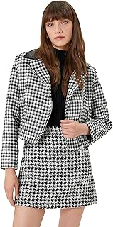KOTON womens Tweed Biker Zipper Closure Pockets Faux Leather Neck Detail Jacket
