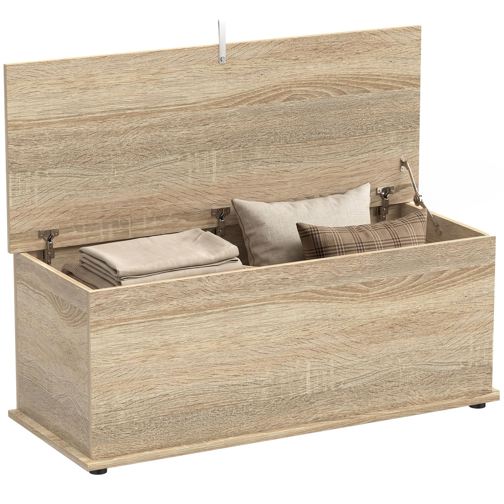 HOMCOM Aufbewahrungsbox, Bank mit Klappdeckel und Sicherheitsscharnieren, Schuhbank, Eingangsmöbel, Flur, Schlafzimmer, Wohnzimmer, 100 x 40 x 40 cm, Naturholzoptik