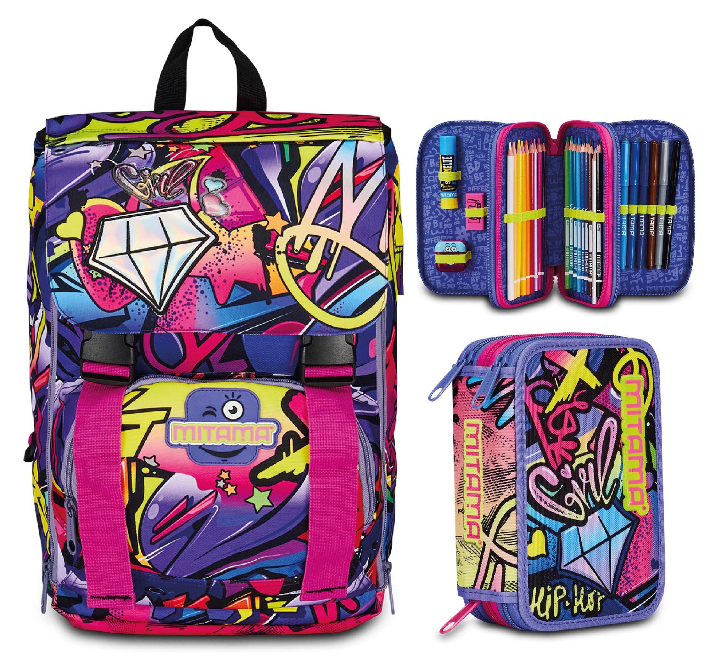 Zaino Scuola Estensibile Mitama con Tasca frontale, Rosa e Viola, Bambino Ragazzo + Astuccio Scuola 3 Scomparti con Contenuto 47 pz