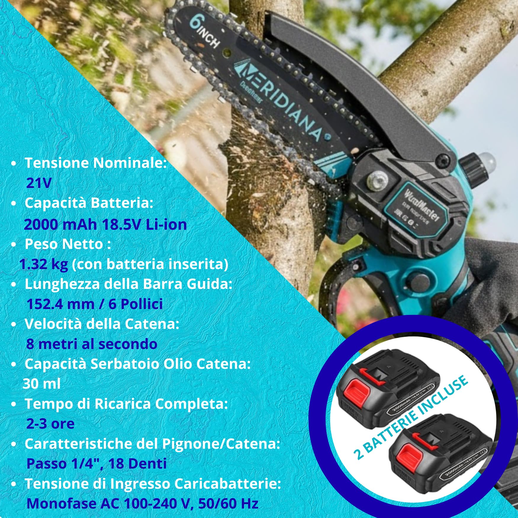 Meridiana Mini Motosega a Batteria senza fili per Potatura - 6 Pollici Motosega Elettrica Motore 21V con Oliatore Integrato, 2 Batterie 2000mAh, 2 Barre, 2 Catene e Cacciavite in Valigetta Rigida