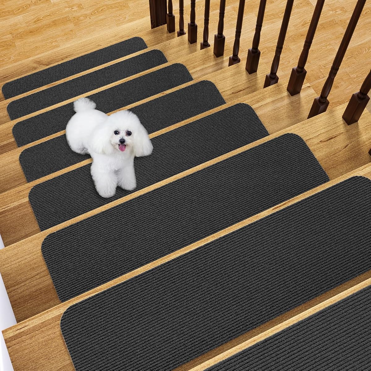 Fixmend Stair Treads Non Slip for Wooden Steps, 8" X 30" (15-Pack) Stair Runner Carpet Treads Indoor with Reusable Adhesive, Stairslide Carpets Rugs Safety Mats for Elders, Kids & Dogs, Black Stripe