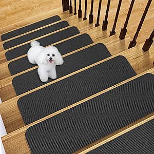 Fixmend Stair Treads Non Slip for Wooden Steps, 8" X 30" (15-Pack) Stair Runner Carpet Treads Indoor with Reusable Adhesive, Stairslide Carpets Rugs Safety Mats for Elders, Kids & Dogs, Black Stripe