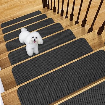 Fixmend Stair Treads Non Slip for Wooden Steps, 8" X 30" 15-Pack Stair Runner Carpet Treads Indoor with Reusable Adhesive, Stairslide Carpets Rugs Safety Mats for Elders, Kids & Dogs, Black Stripe