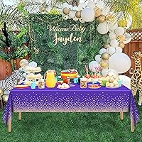 Vista 2 de 2 manteles de plástico morado y dorado para mesa rectangular de 8 pies, 54 x 108 pulgadas, fundas desechables de mesa de fiesta con lunares dorados