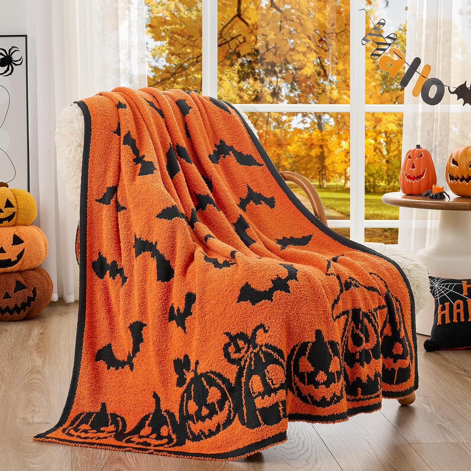 Snuggle Sac Halloween Throw Blanket Orange Pumpkin Bat Blanket,Reversible Rip Lightweight Soft Blanket for Decorating Couch Sofa Bed, Spooky Gift for Women Men Kids,50×60 inches Black Bat Rip