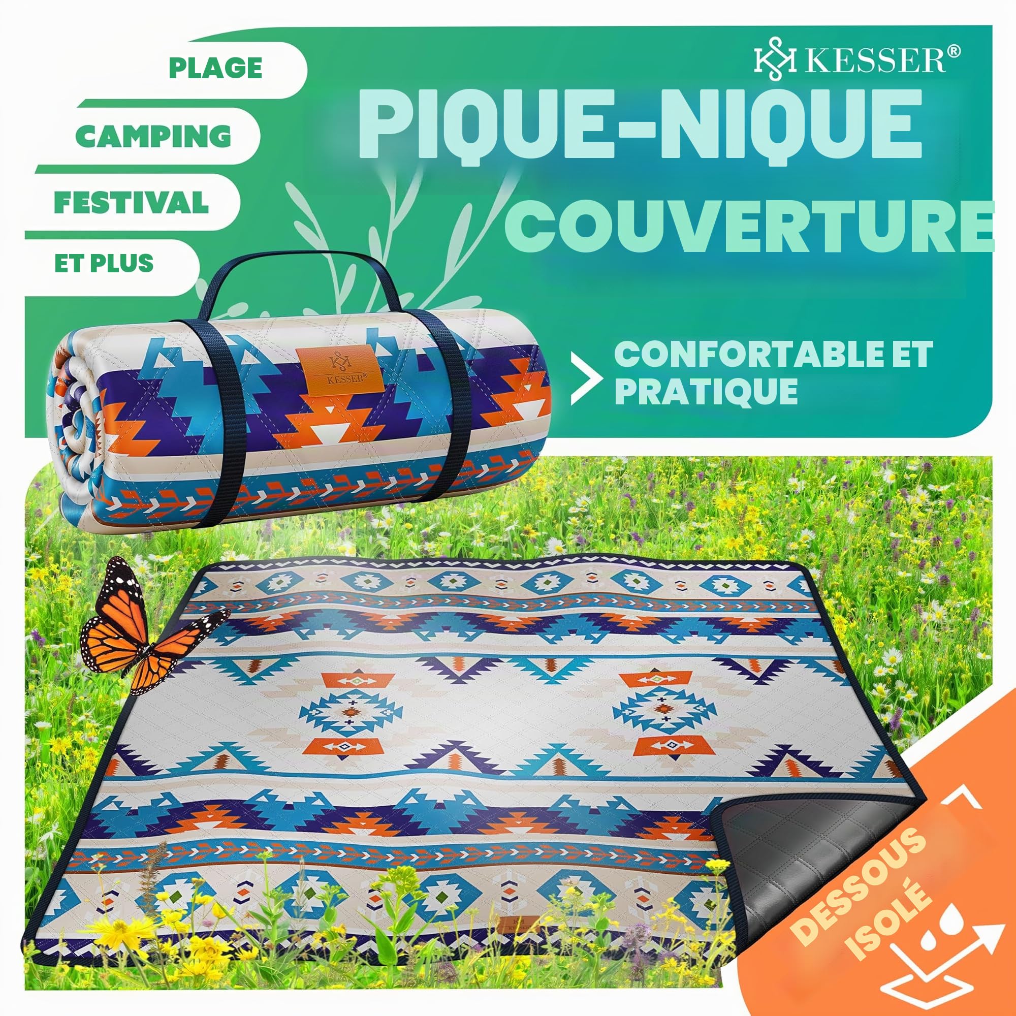 KESSER Couverture de pique-nique, de camping, de plage, 200 x 200 cm, avec dessous imperméable, 3 couches, confortable, avec poignée de transport, pour la plage et le camping, grande couverture