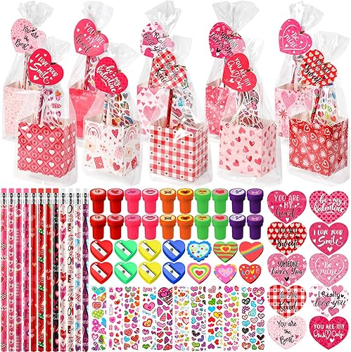 Pasimy 240 unidades de regalos de papelería para el día de San Valentín para niños, cajas de palomitas de maíz de San Valentín, etiqueta de regalo