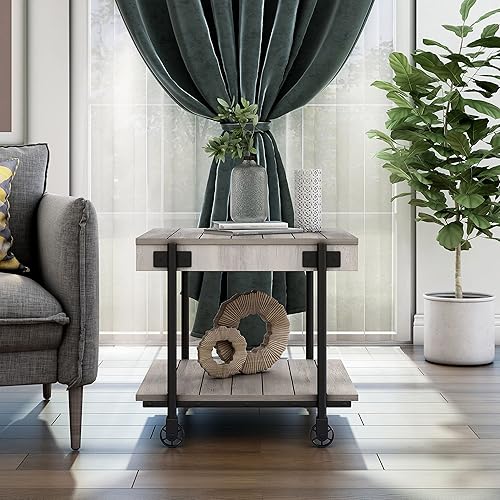 Miniatura 87 de Furniture of America Cleon Industrial - Juego de mesa de sofá y mesa de sofá con ruedas para sala de estar, color negro y roble rústico (3 piezas)