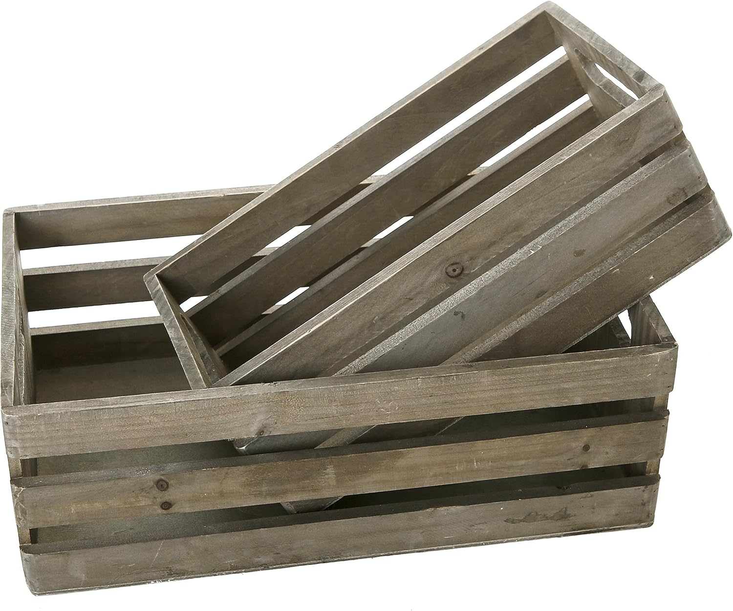 MyGift Rustic Light Gray Solid Wood Decorative Storage Box with Cutout Handles, Country Style Nesting Storage Crate Bin with Open Top Pallet Design, Set of 2