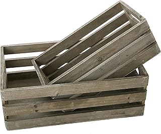 MyGift Rustic Brown Wood Decorative Storage Boxes with Cutout Handles - Country Style Nesting Crates, Open Top Pallet Design Bins, Set of 2