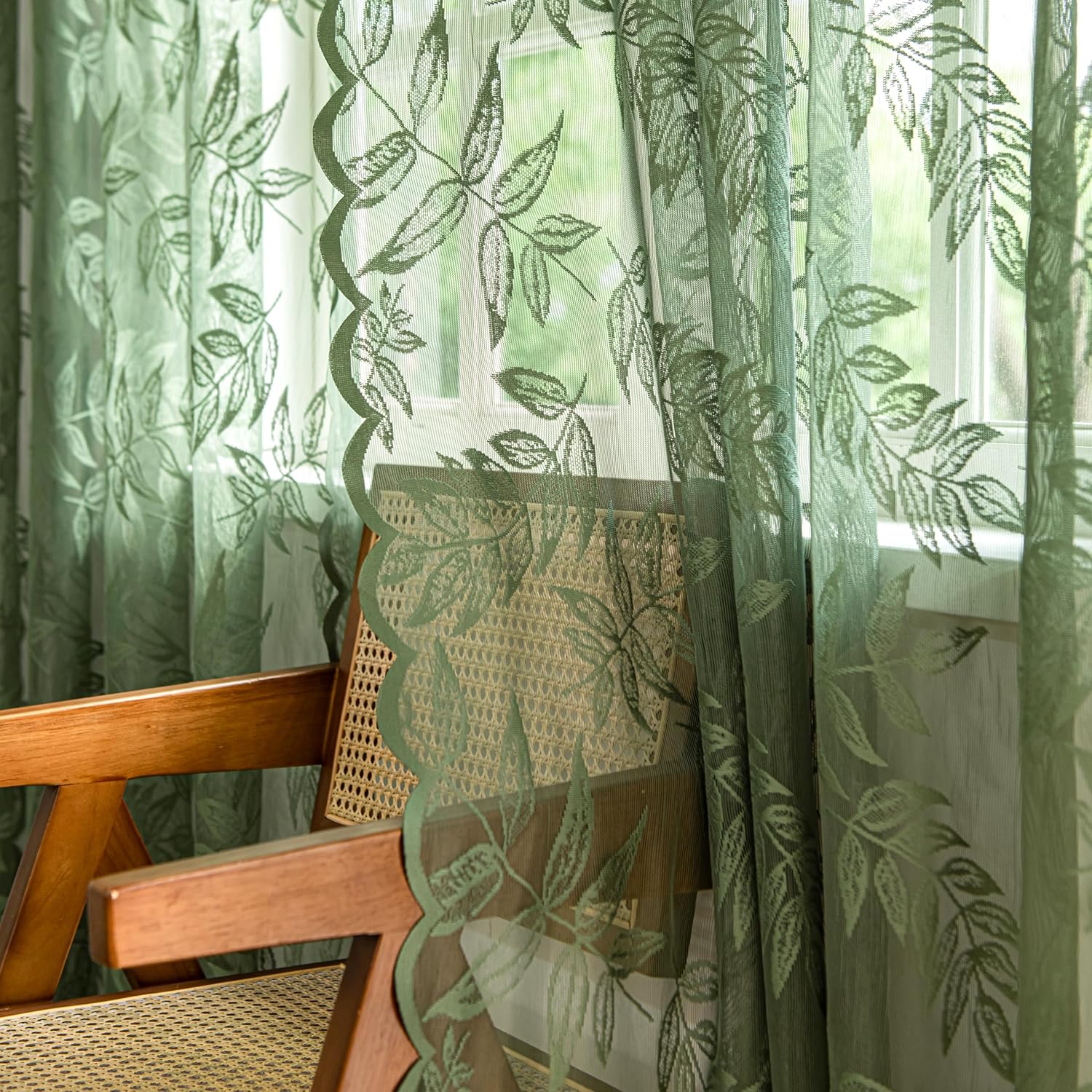 Sutuo Home Olive Green Lace Curtains 84 Inches Long for Bedroom Living Room, Leaf Embroidery Window Sheer Drapes Pair, Rod Pocket Vintage Country Window Treatments Set of 2 Panels, 57" W x 84" L
