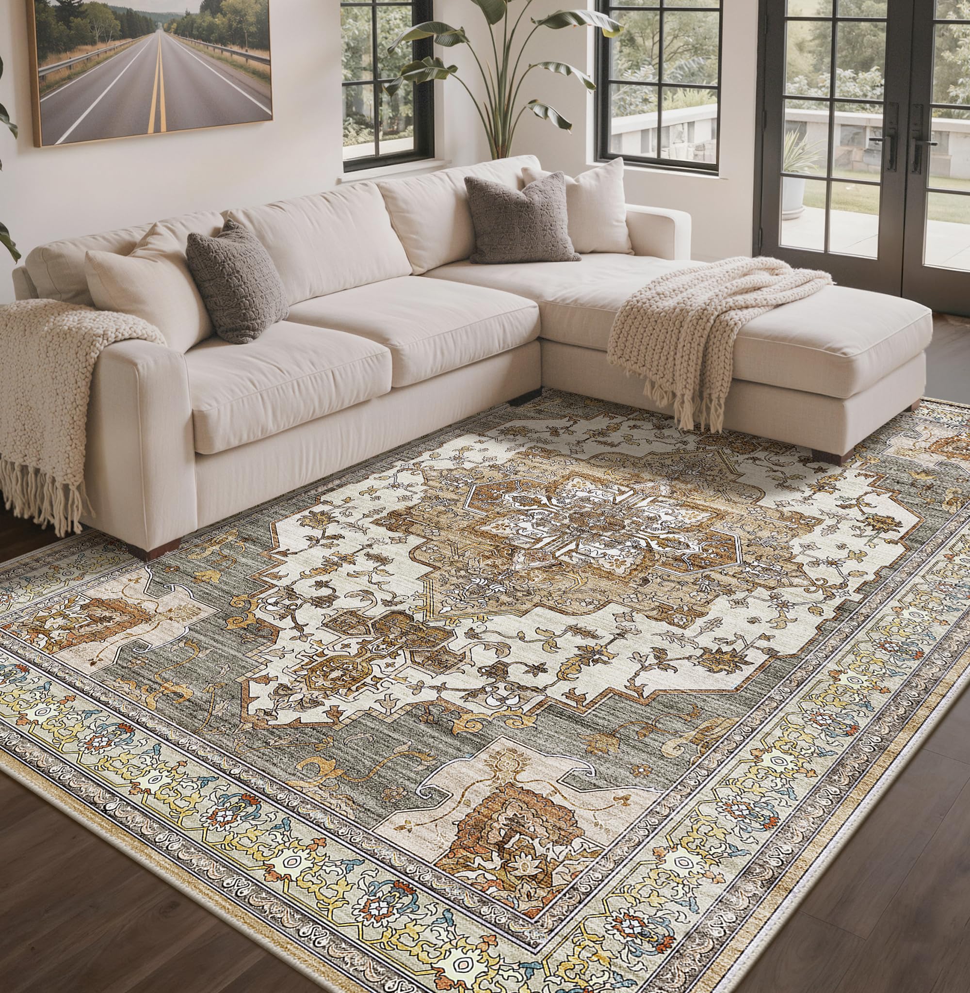 GENIMO Washable Rug 160x230cm - Large No Pile Non-Slip Carpet,Durable Easy Clean Bohemian Rug for Living Room, Dining Room, Home Office,Brick โ image 1