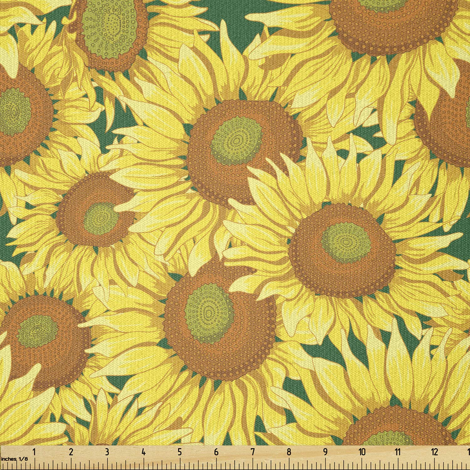 Lunarable Sunflower Fabric by The Yard, Agriculture Harvest Pattern Autumn Season Inspired Floral Arrangement, Stretch Knit Fabric for Clothing Sewing and Arts Crafts, 2 Yards, Yellow Amber Green