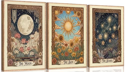 3Pcs Tarot Wall Art Vintage Sun And Moon Celestial Botanical