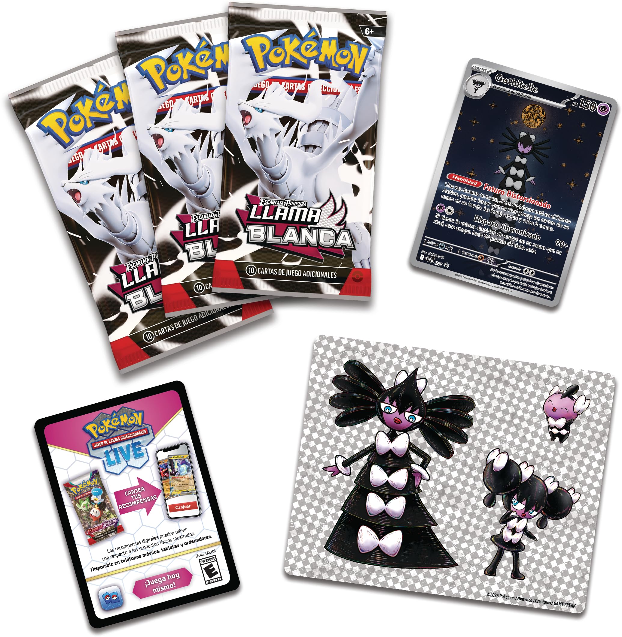Pokémon: Colección con Pegatinas Especiales de Escarlata y Púrpura-Llama Blanca: Gothitelle de JCC Pokémon (1 Carta holográfica de promoción y 3 Sobres de Mejora)