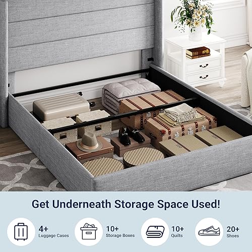 Miniatura 3 de Allewie Cama de almacenamiento elevable de tamaño matrimonial, cabecera moderna con respaldo alado, no necesita somier, almacenamiento hidráulico,