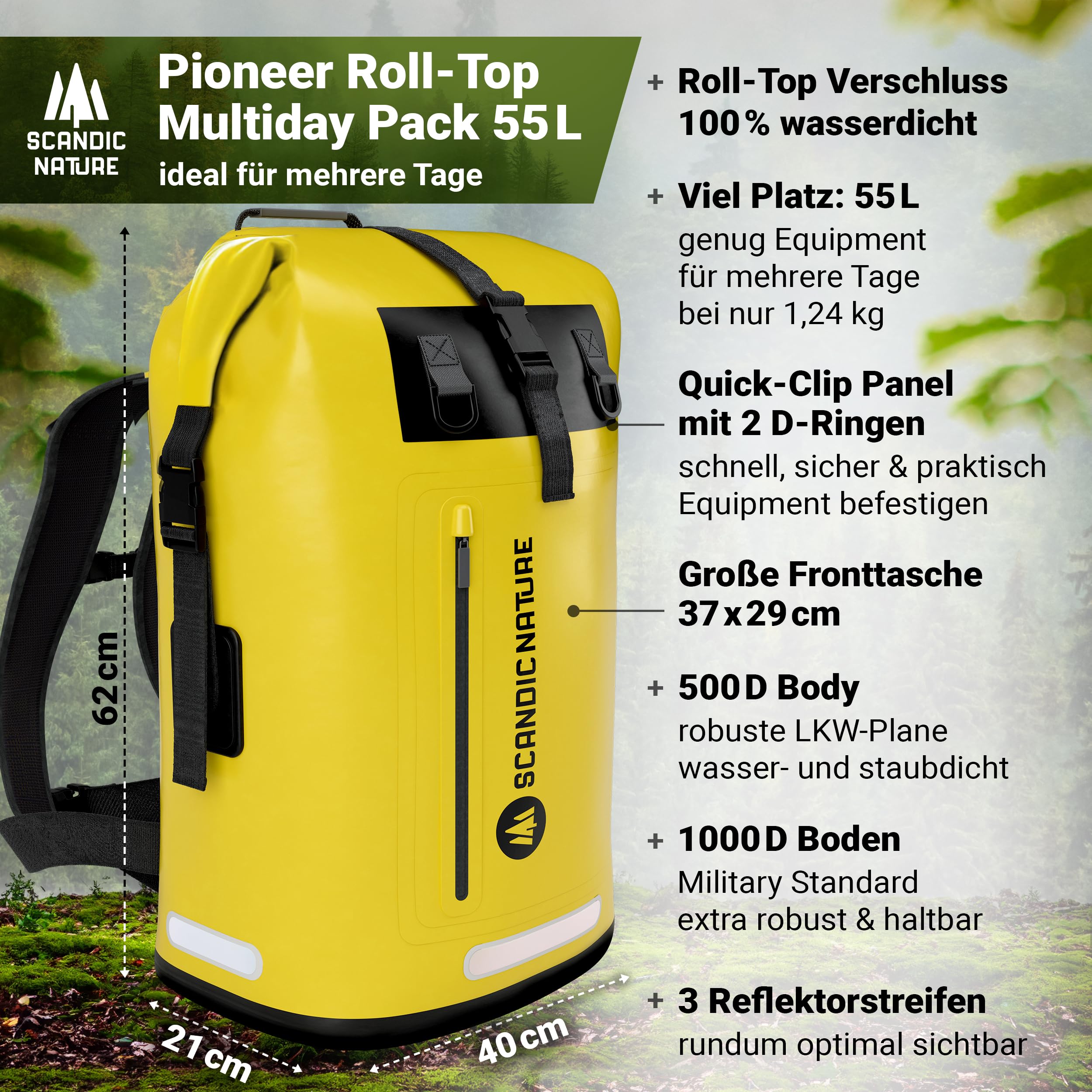 PIONEER wasserdichter Rucksack mit Rolltop Verschluss 35L 55L schwarz gelb oliv-grün - extra robust dank Boden mit 1000D PVC LKW-Plane, 3 Reflektor-wasserfeste IPX8 Handyhülle