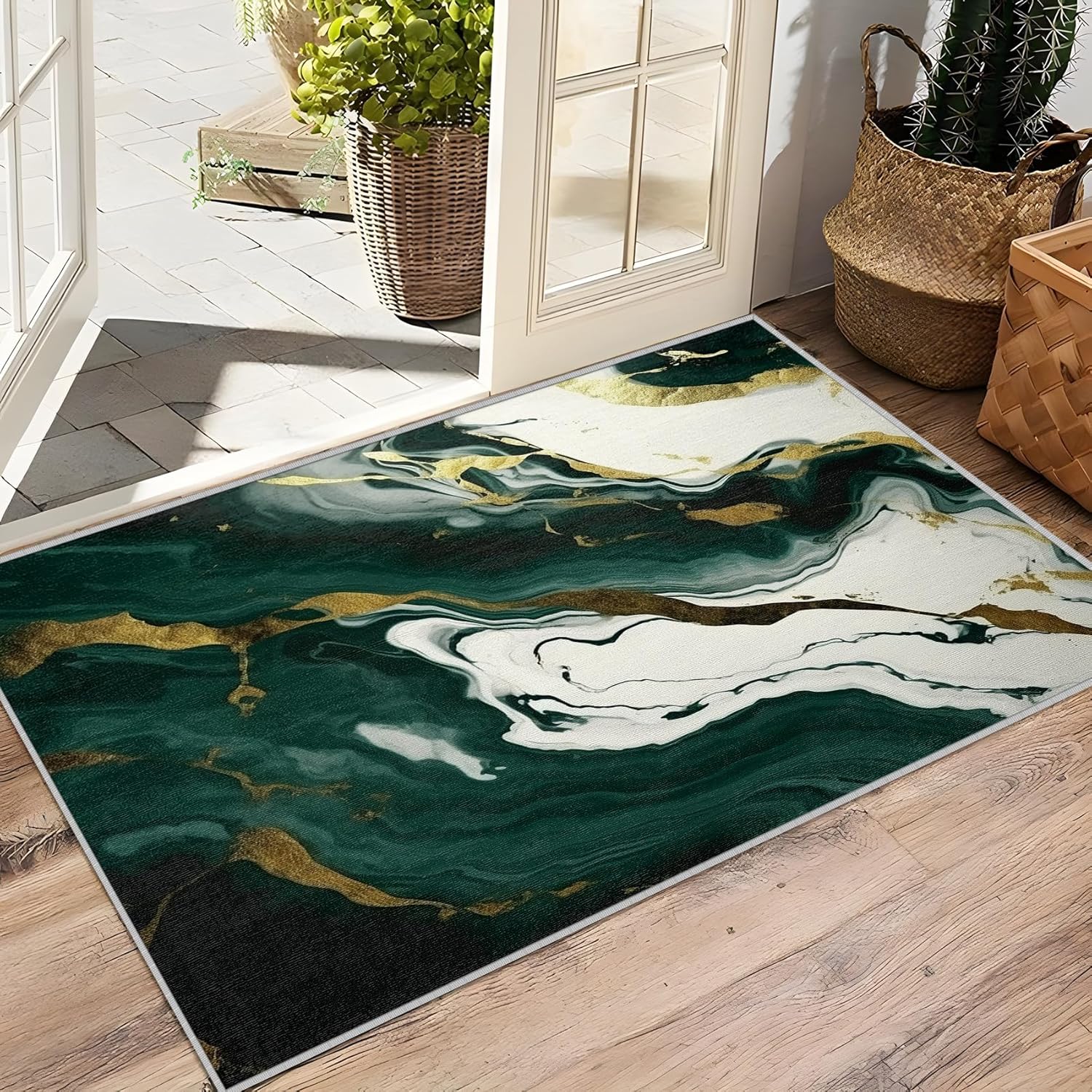 Washable Area Rug - Marble Rugs, 8x10ft, Abstract Modern Emerald Green Gold Carpet for Bedroom, Low Pile Rugs for Living Room, Non Slip Pet Friendly Carpet for Indoor Dining Room